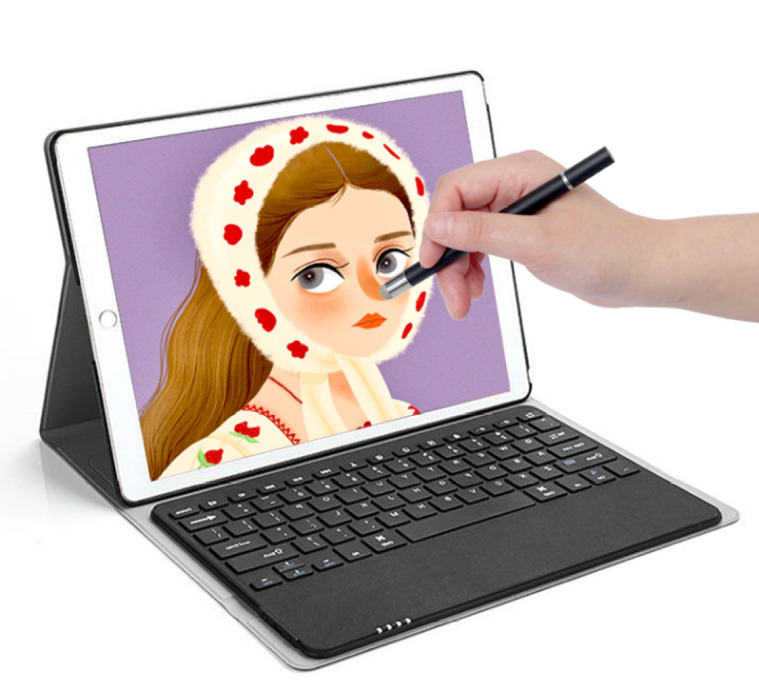 Ein Tablet mit Tastatur zeigt eine Illustration einer Frau mit weißem Hut und roten Punkten. Eine Hand hält einen Stift.