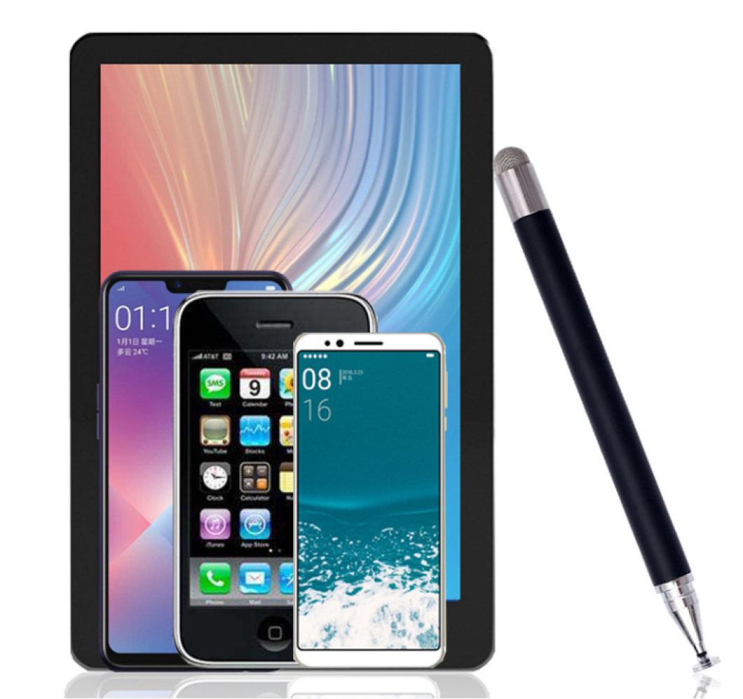 Ein Tablet, drei Smartphones und ein Stift sind abgebildet. Die Telefone zeigen Apps und Uhrzeit. Der Hintergrund ist ein Farbverlauf.