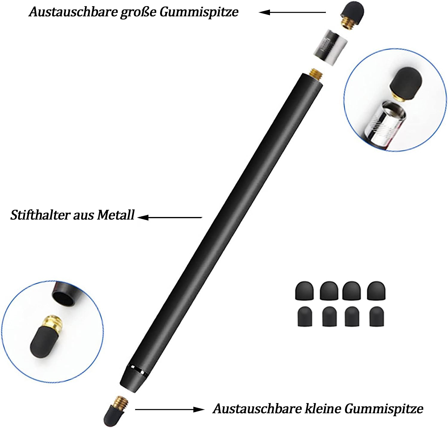 Schwarzer Stift mit Ersatzspitzen. Enthält Metallstifthalter und kleine, große austauschbare Gummispitzen. Verschiedene Ansichten der Stiftteile.