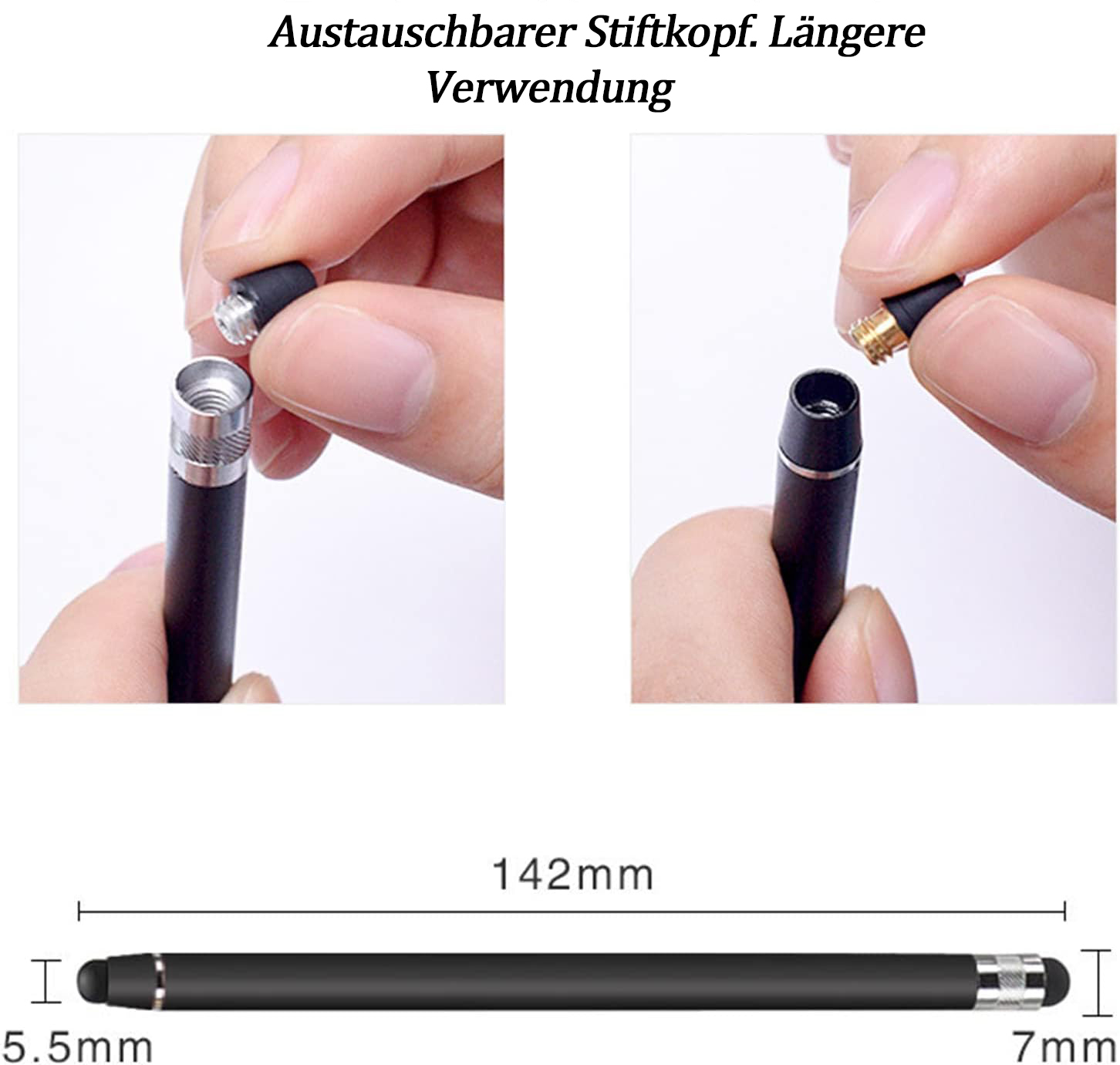Hände montieren einen Stift. Das Bild zeigt den Vorgang des Austauschs der Stiftspitze. Der Stift ist schwarz mit silbernen Details.