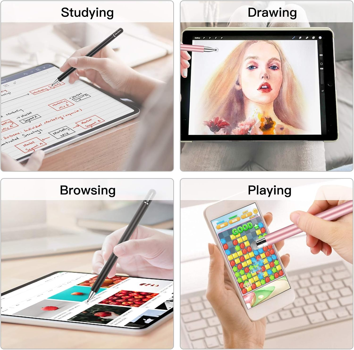 Das Bild zeigt ein Tablet, das zum Lernen, Zeichnen, Surfen und Spielen von Spielen mit unterschiedlich farbigen Stiften verwendet wird.