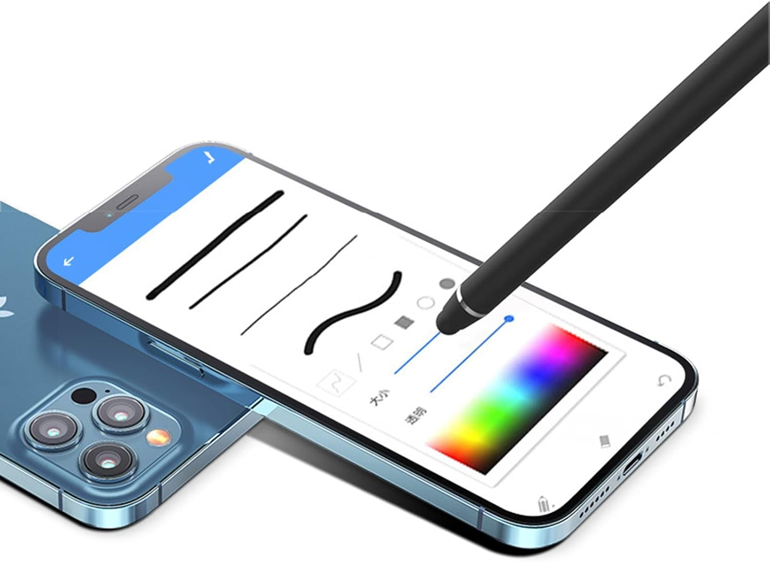 Ein Smartphone mit Stift, das die Benutzeroberfläche einer Zeichen-App zeigt. Das Telefon ist hellblau. Linien und Farbpalette sind sichtbar.