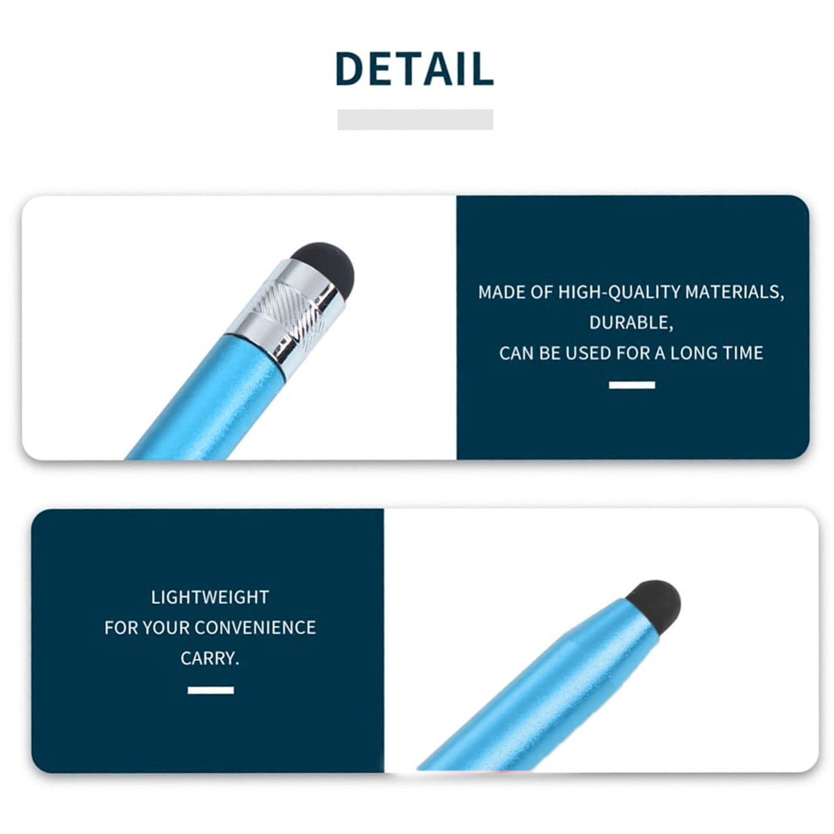 Das Bild zeigt einen blauen Eingabestift mit schwarzer Spitze. Text sagt, er ist leicht, langlebig und aus hochwertigen Materialien.