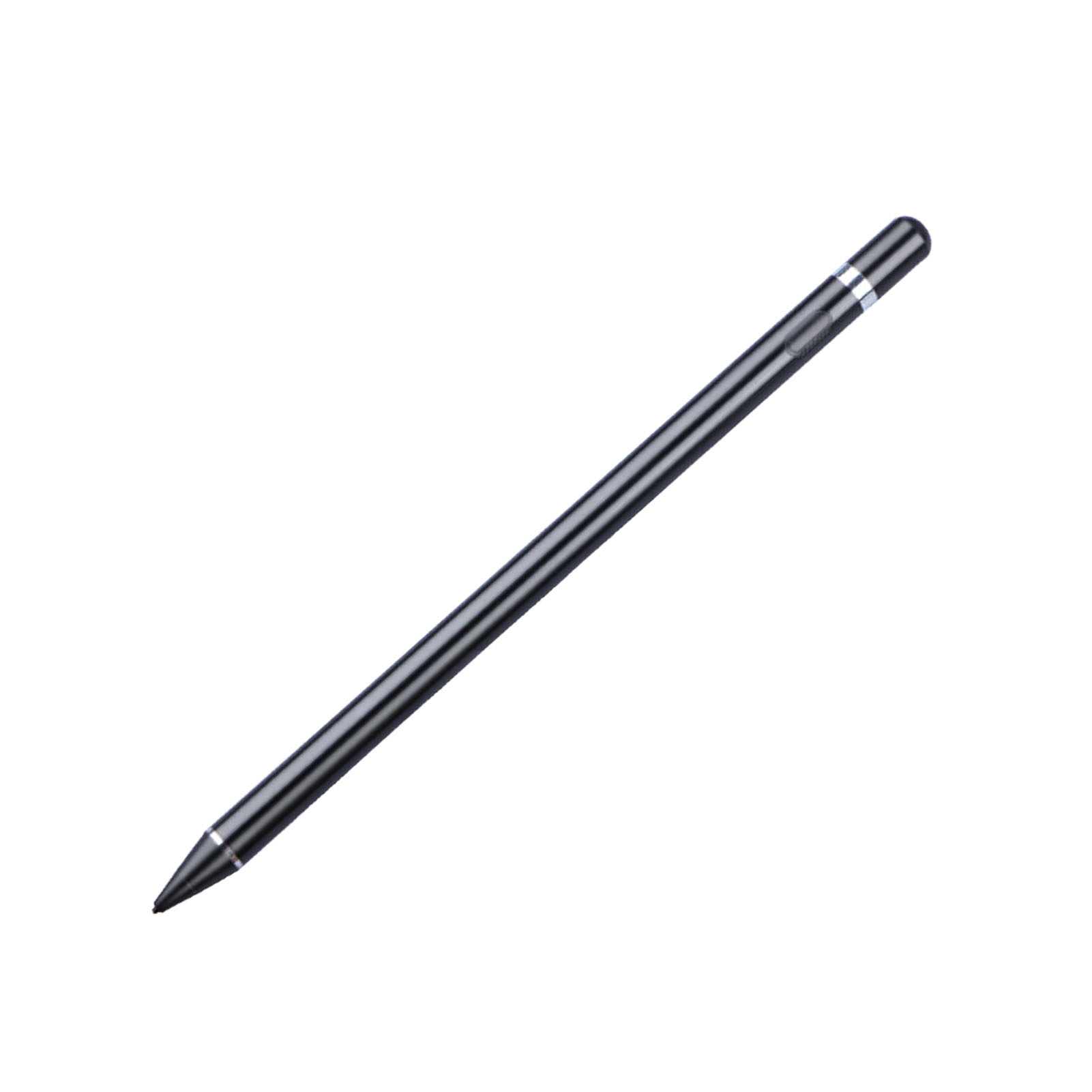 Ein schwarzer Stift mit silberner Akzentuierung liegt diagonal auf weißem Hintergrund.