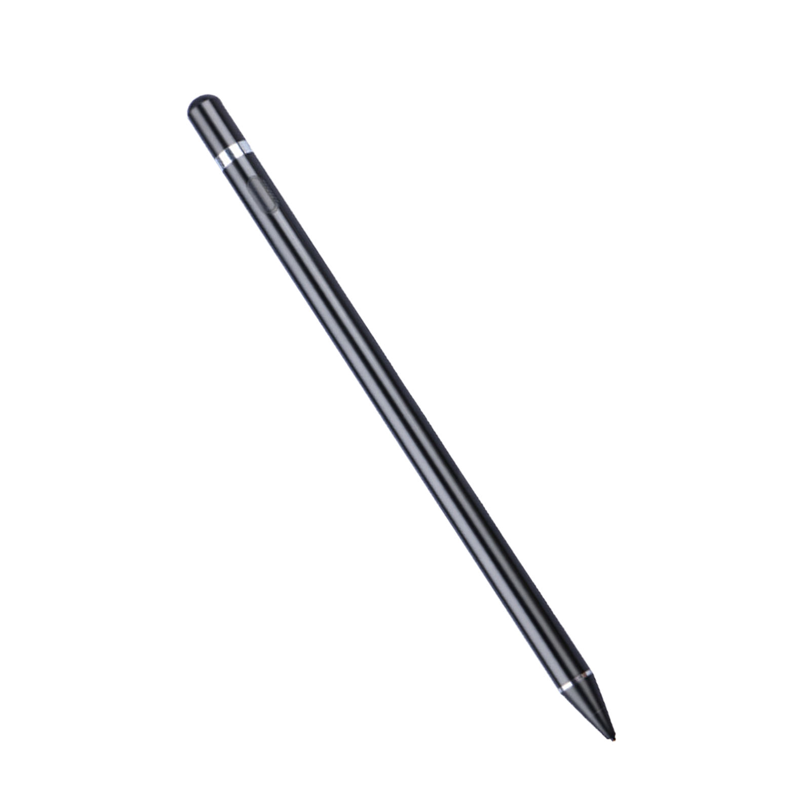 Ein schwarzer Eingabestift. Er ist diagonal auf weißem Hintergrund angeordnet. Der Stift hat eine glänzende Metallspitze und -oberseite.