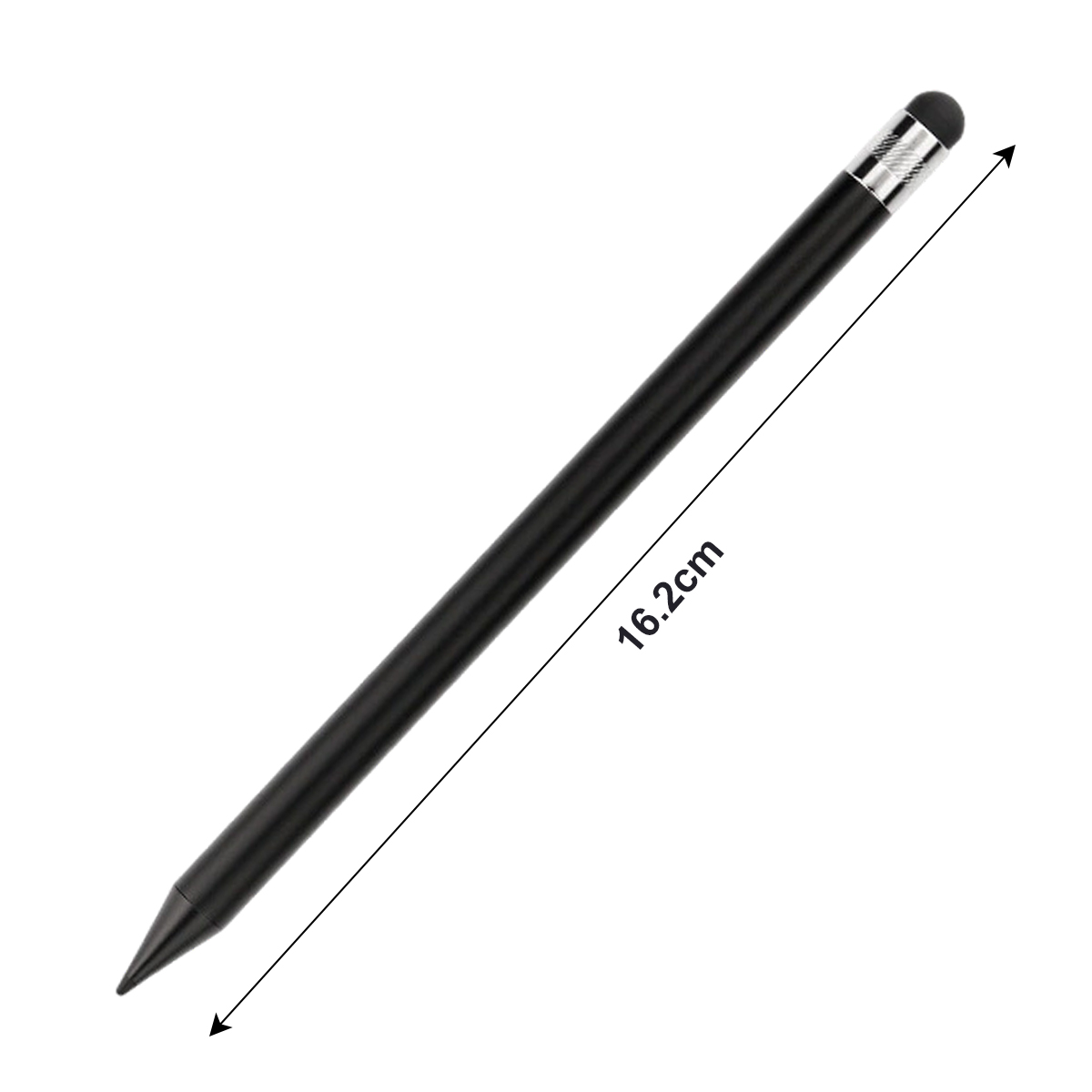 Ein schwarzer Eingabestift mit silberner Spitze und schwarzer Gummispitze. Eine Linie zeigt 16,2 cm. Isoliert auf weißem Hintergrund.