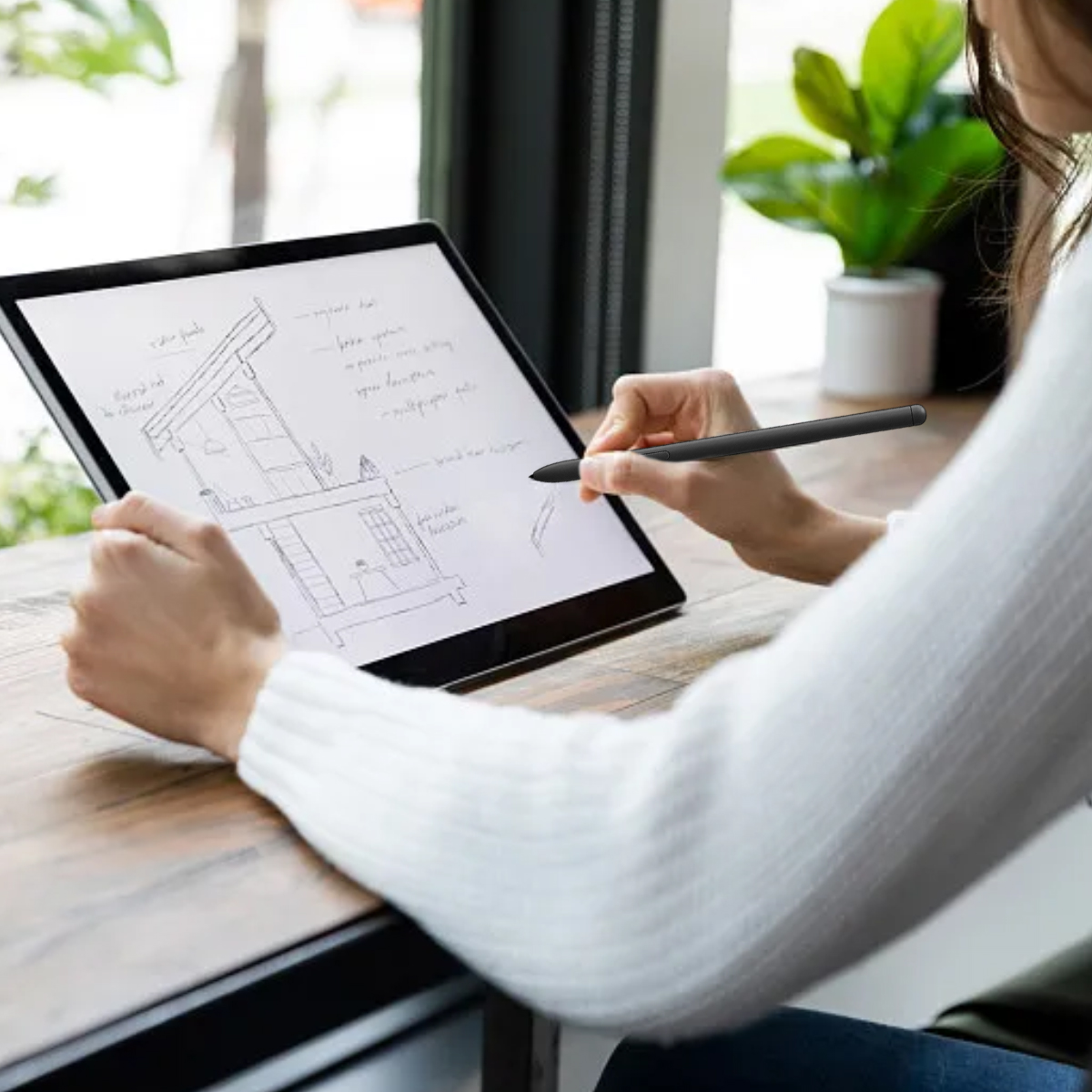 Eine Person zeichnet mit einem Stift auf einem Tablet. Das Tablet zeigt eine Hausskizze. Die Person trägt einen weißen Pullover. Im Hintergrund ist eine Pflanze.
