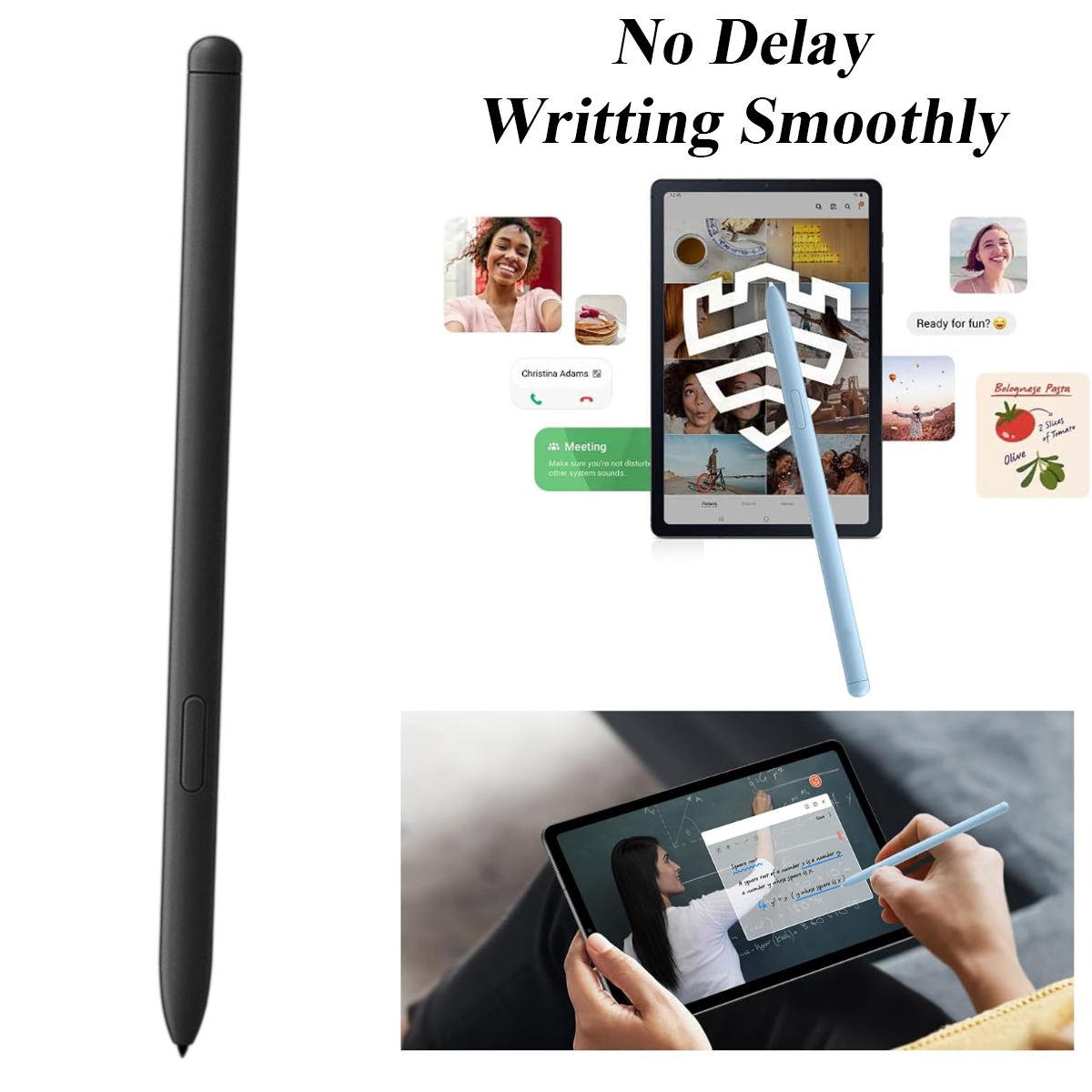 Das Bild zeigt einen schwarzen Stift, ein Tablet mit einem hellblauen Stift und eine Person, die ein Tablet benutzt. Text: Keine Verzögerung, reibungsloses Schreiben.