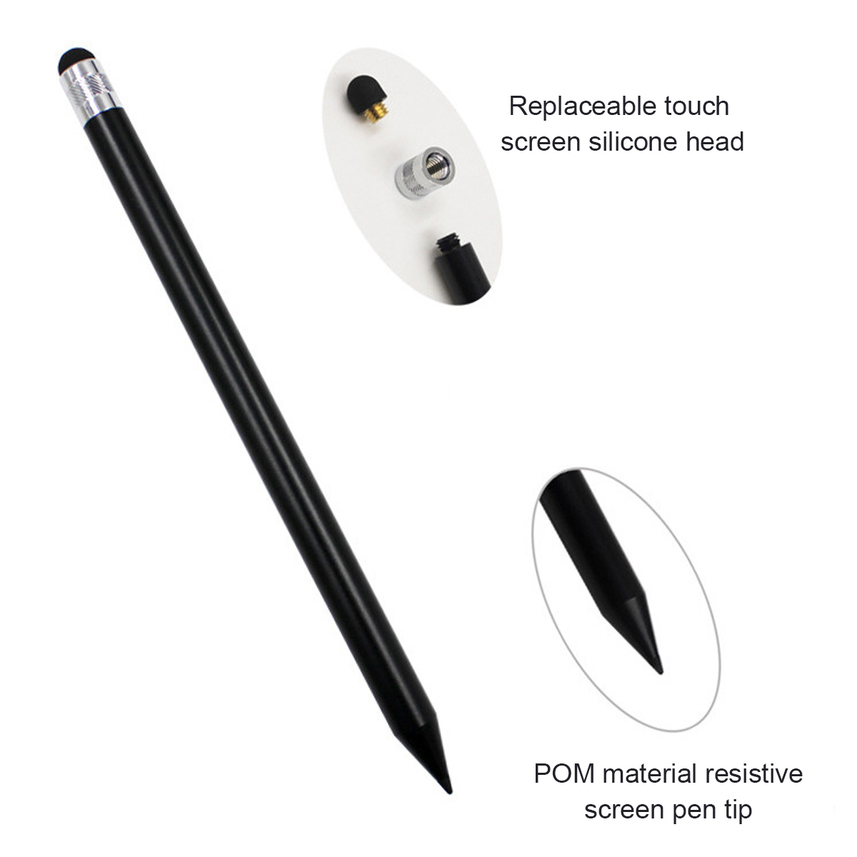 Ein schwarzer Stift mit austauschbarem Touchscreen-Silikonkopf. Die Spitze besteht aus POM-Material. Details der Spitze werden gezeigt.