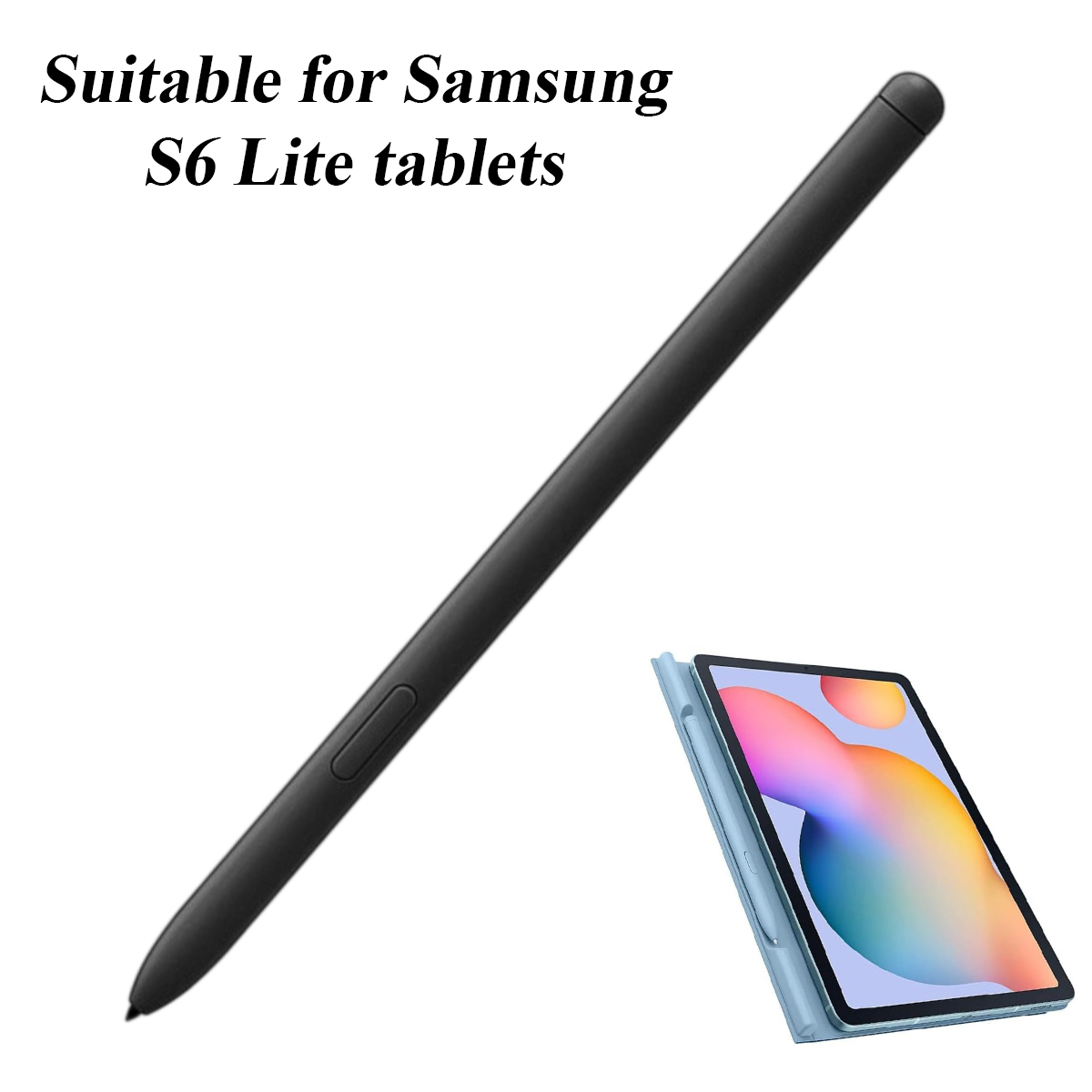 Ein schwarzer Stift und ein Tablet in einem hellblauen Gehäuse. Der Text oben lautet: Geeignet für Samsung S6 Lite Tablets.