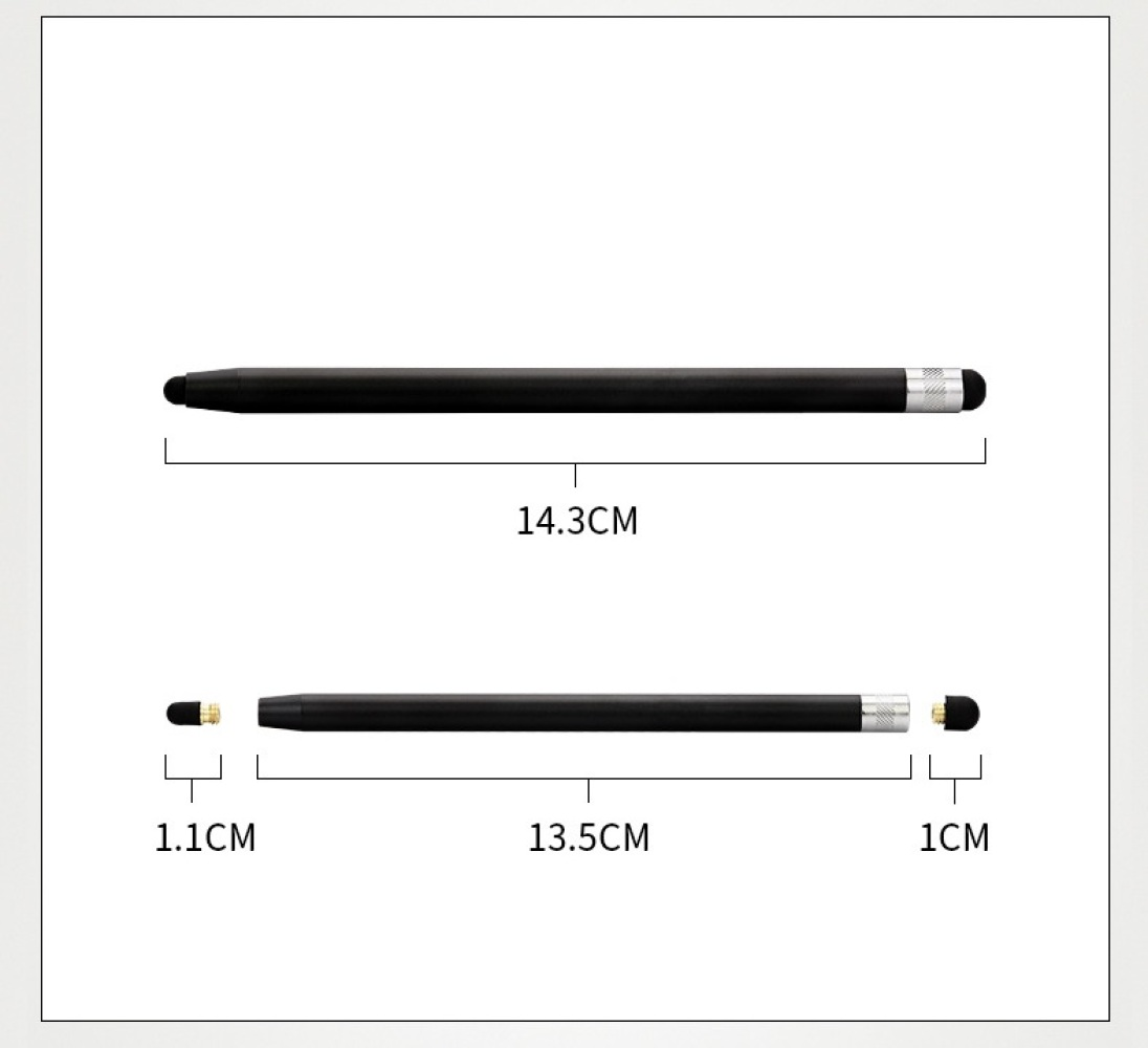 Ein schwarzer Stift mit silbernen Akzenten. Abmessungen sind beschriftet: 14,3 cm und 13,5 cm, mit 1,1 cm und 1 cm für die Spitzen.