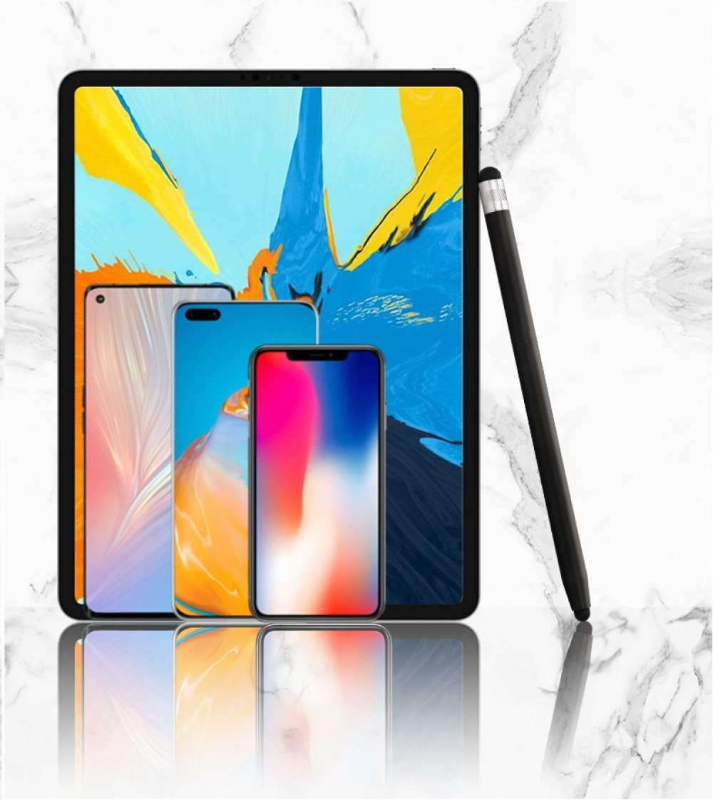 Ein Tablet und Smartphones werden auf einer Marmoroberfläche angezeigt, mit einem Stift, der sich an sie anlehnt. Die Bildschirme zeigen farbenfrohe Bilder.