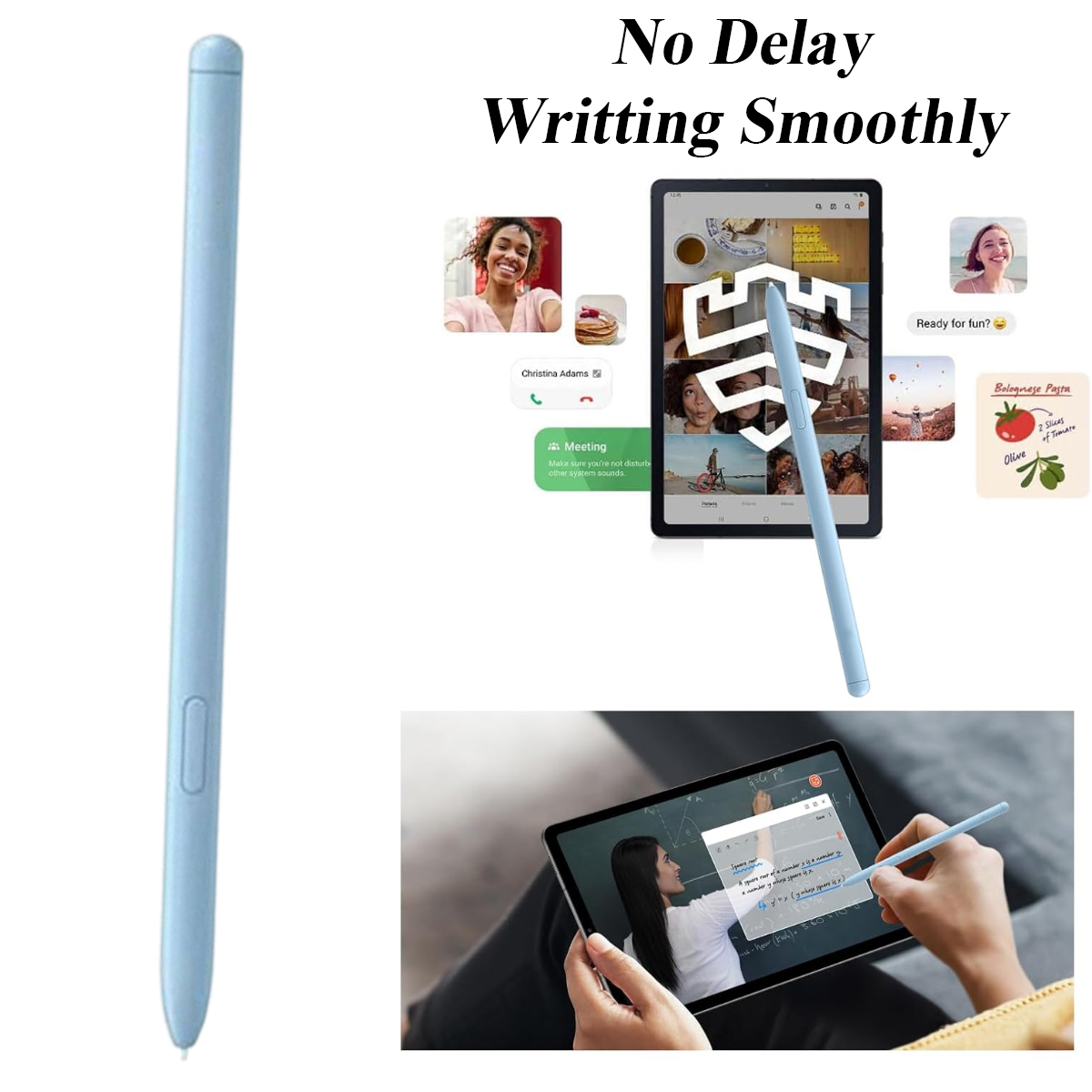 Ein hellblauer Stift, Tablets mit Text und Bildern und eine Person, die ein Tablet hält, alles auf hellem Hintergrund.