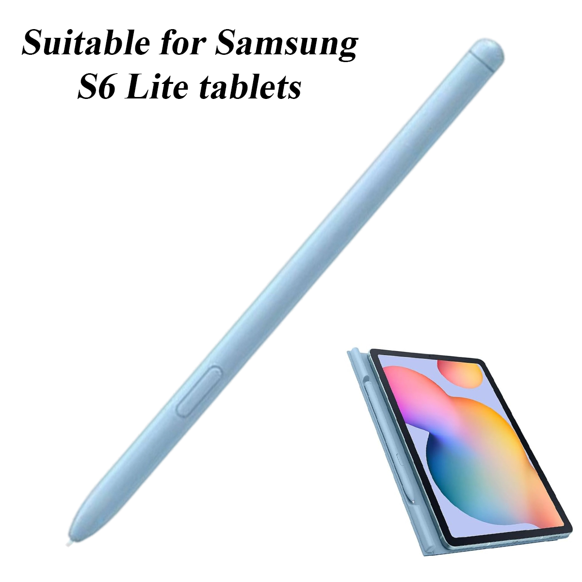 Ein hellblauer Stift und eine Tablet-Hülle. Der Text oben lautet: 'Geeignet für Samsung S6 Lite Tablets'.