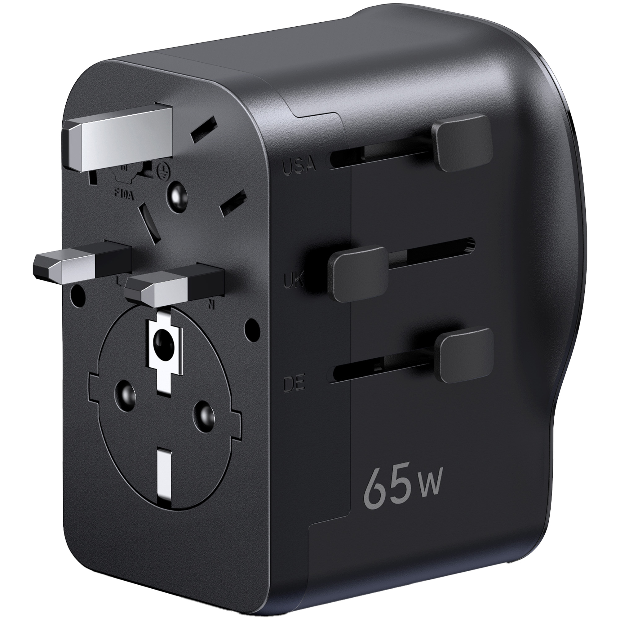 Czarny uniwersalny adapter podróżny z wieloma typami wtyczek. Oznaczenia USA, UK i DE. Widoczna moc 65W.