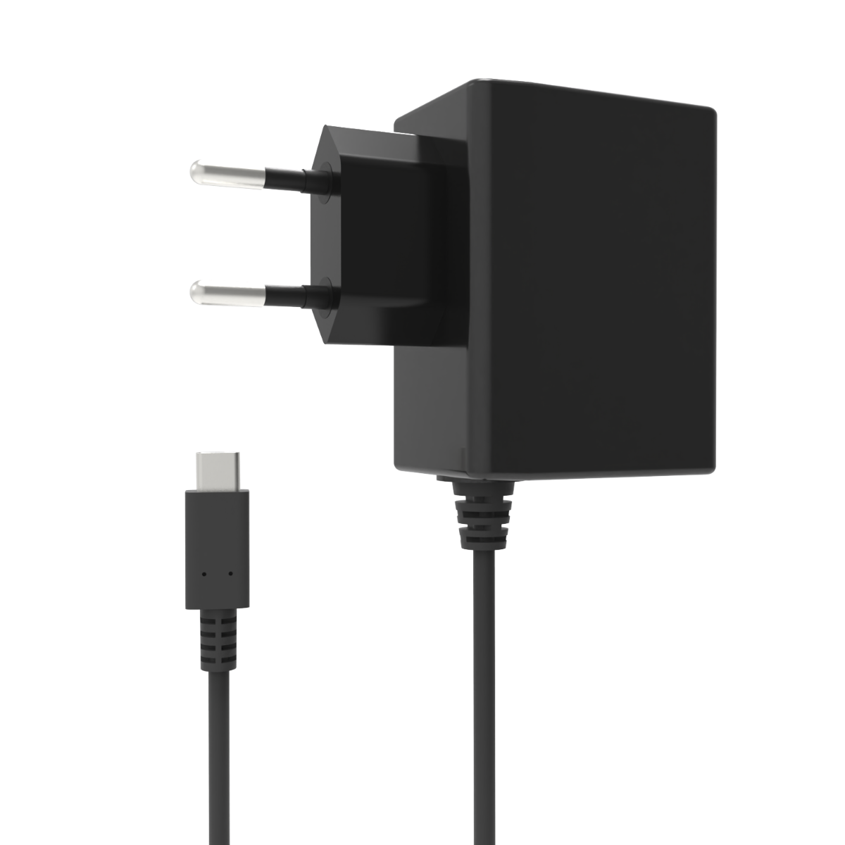 Cargador negro con enchufe y cable USB-C. El enchufe tiene dos clavijas plateadas. Cable y cargador sobre fondo negro.