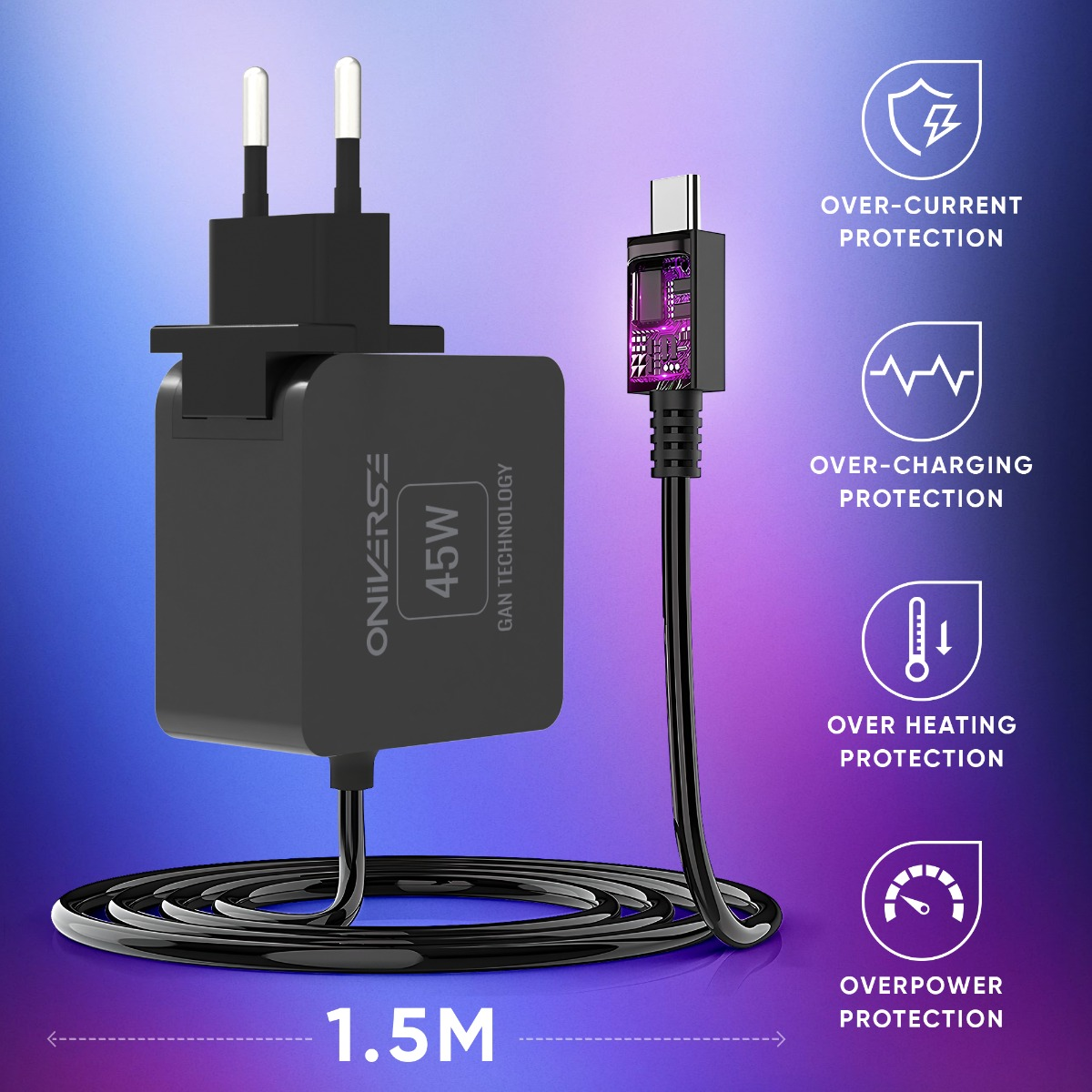 Cargador negro de 45W con cable USB-C. Tiene protección contra sobrecorriente, sobrecarga, sobrecalentamiento y sobrepotencia.