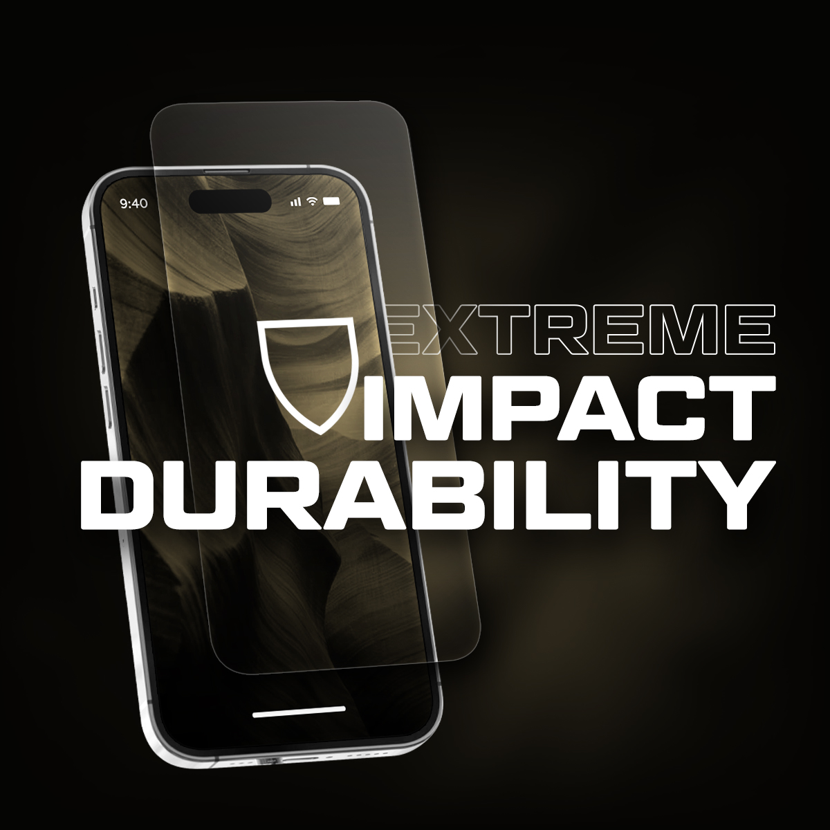 Smartfon z ochraniaczem ekranu. Tekst brzmi 'EXTREME IMPACT DURABILITY' i obecna jest ikona tarczy.