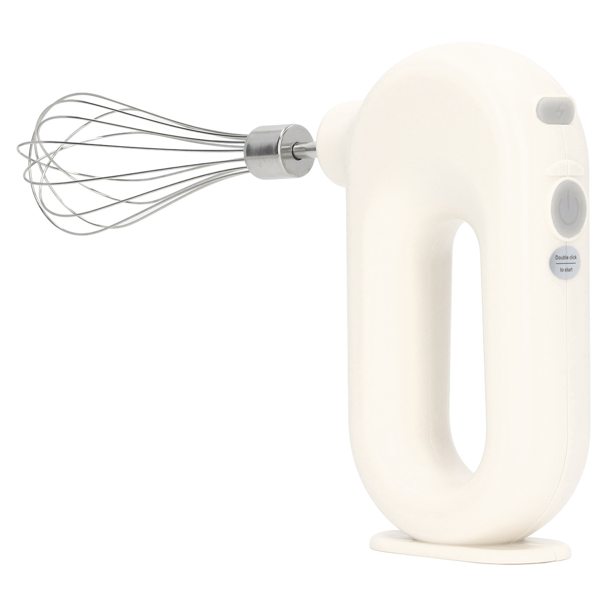 Ein cremefarbener elektrischer Handmixer mit Schneebesenaufsatz. Er hat einen Ein-/Ausschalter und eine Doppel-Klick-Start-Anweisung.