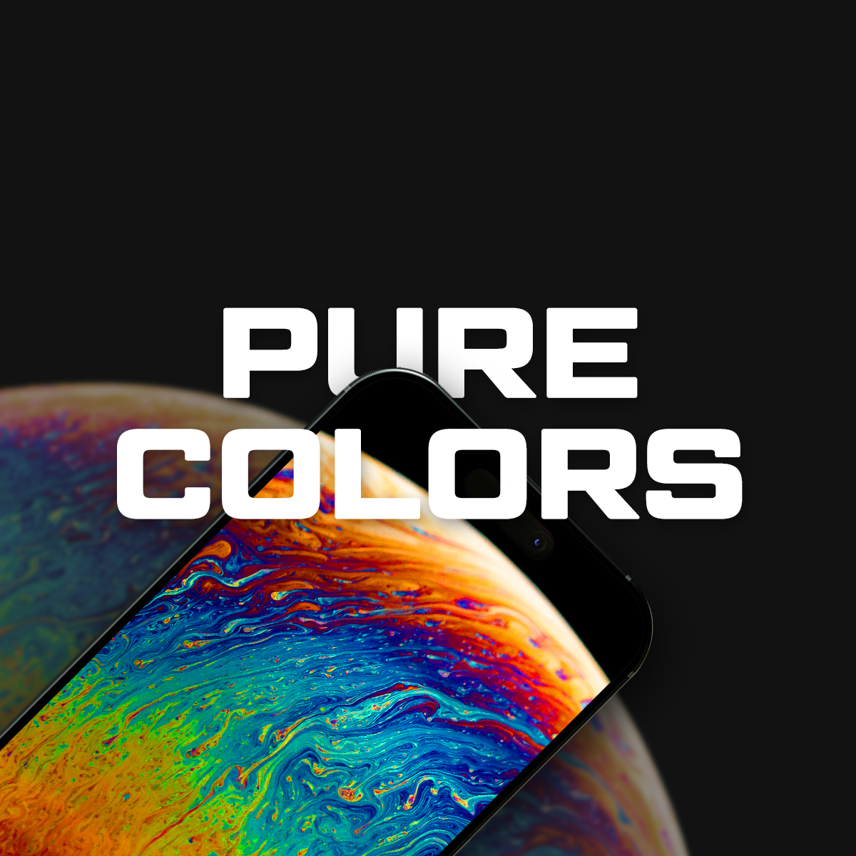 Obraz z telefonem i bańką. Telefon ma kolorowe wzory. Tekst: PURE COLORS, biała czcionka, czarne tło.