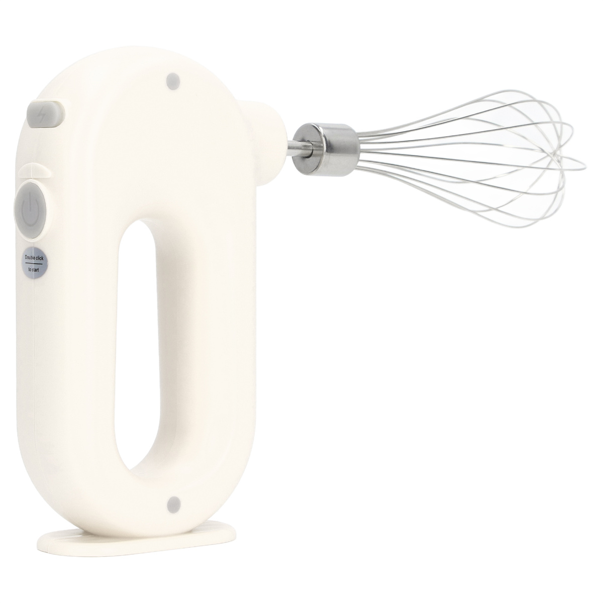 Ein cremefarbener elektrischer Handmixer mit Schneebesenaufsatz. Er hat ein U-förmiges Design mit Knöpfen und einer Betriebsanzeige.
