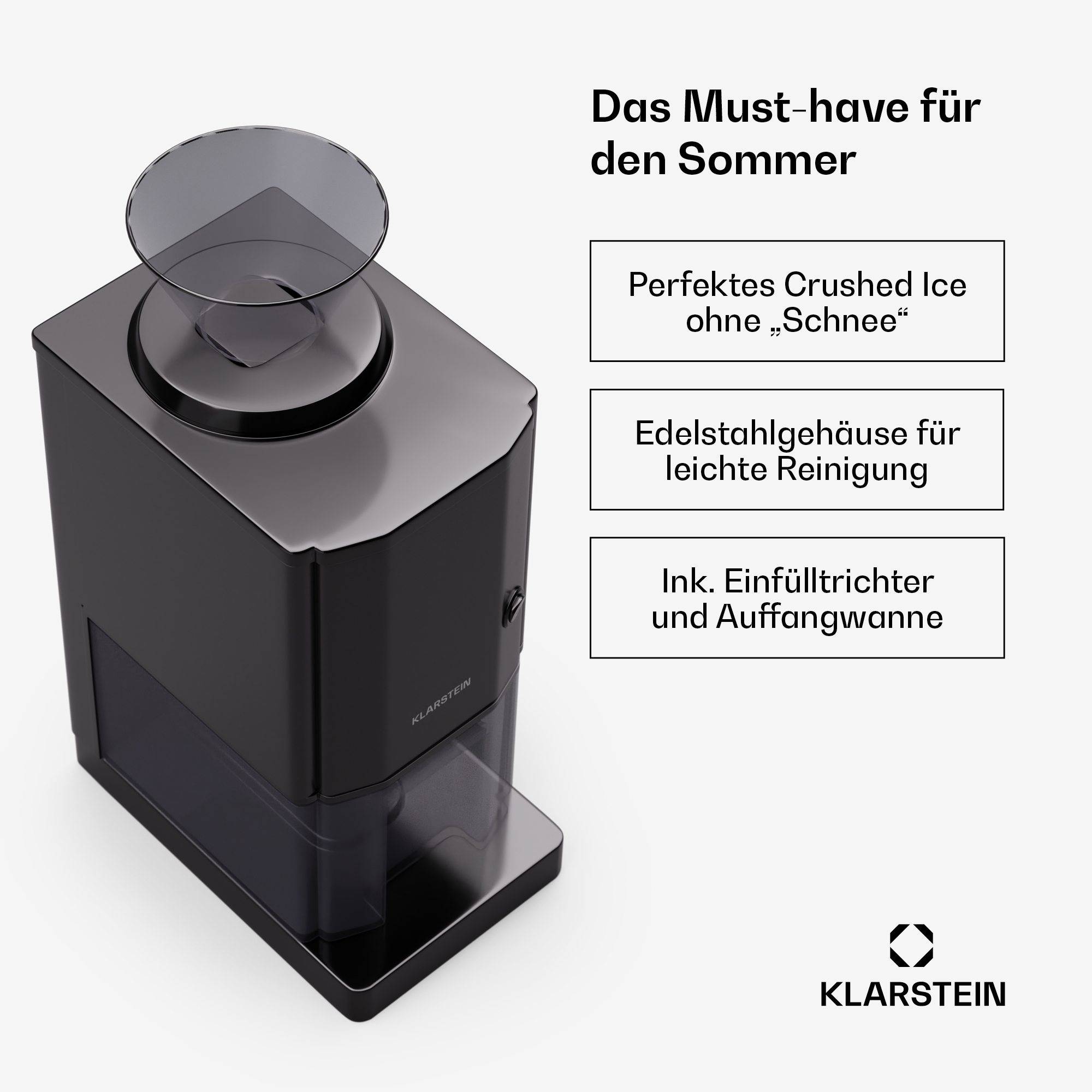 Schwarzer Eiszerkleinerer mit transparentem Deckel, Text auf Deutsch und das Klarstein-Logo.