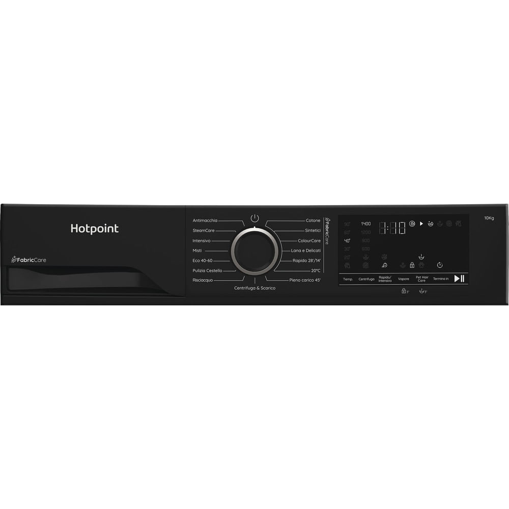 Pannello di controllo lavatrice Hotpoint nero con varie opzioni di lavaggio, un quadrante e un display digitale.