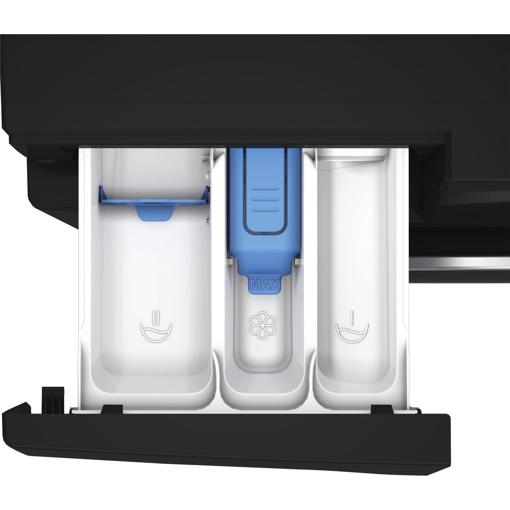 Primo piano di un dispenser di detersivo per lavatrice. Ha tre scomparti, blu e bianco, con simboli max e altri.