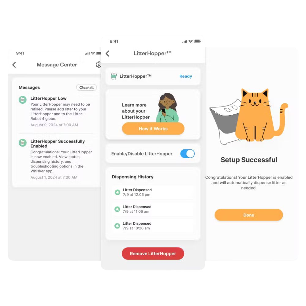 Capturas de pantalla de una aplicación móvil para una caja de arena. Muestra mensajes, ajustes y un gato.