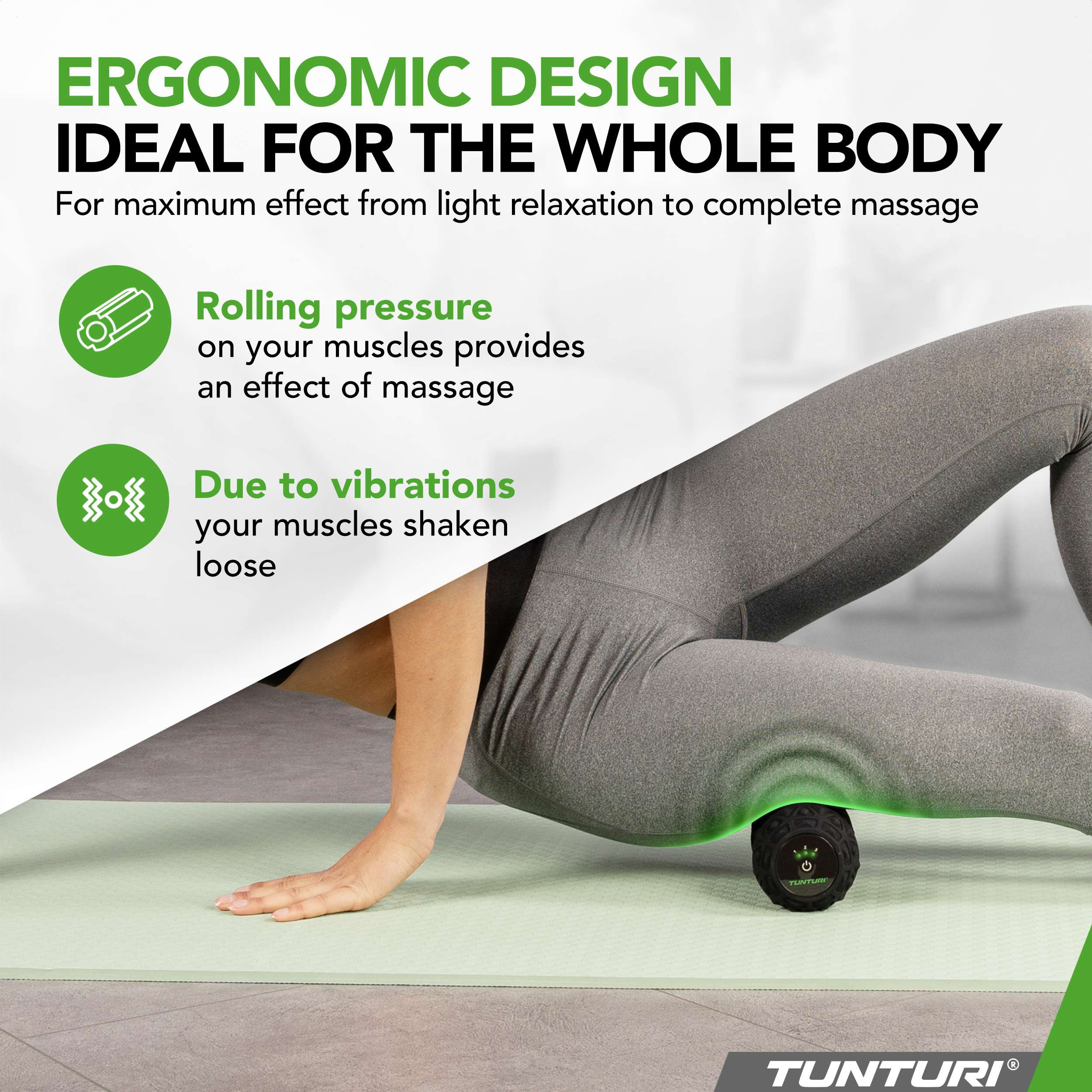 Persoon die een massageroller op zijn been gebruikt. Tekst: ergonomisch ontwerp, ideaal voor het hele lichaam.