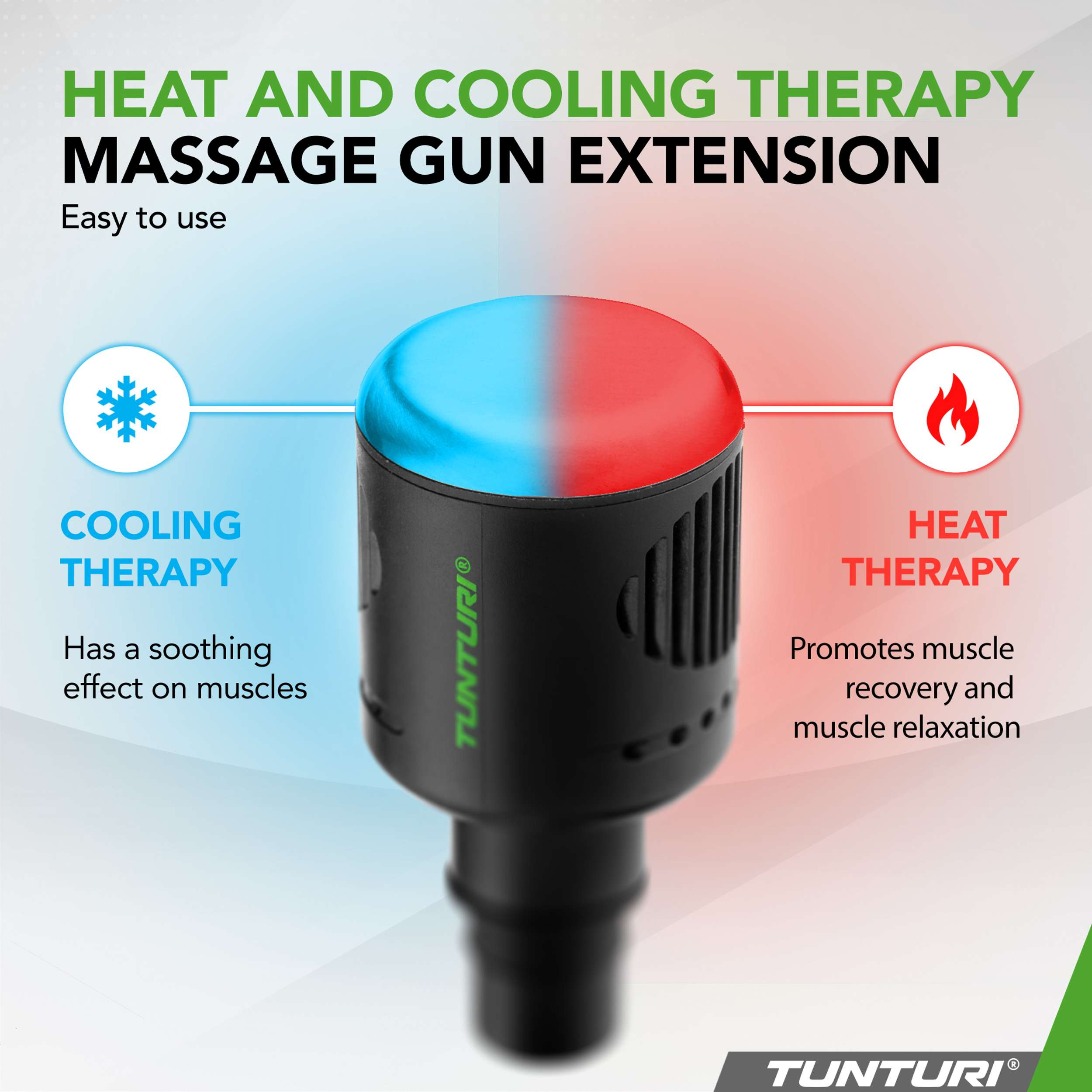 Een massagepistool met een blauwe en rode bovenkant. De tekst geeft warmte- en koudetherapie aan, wat spierherstel bevordert.