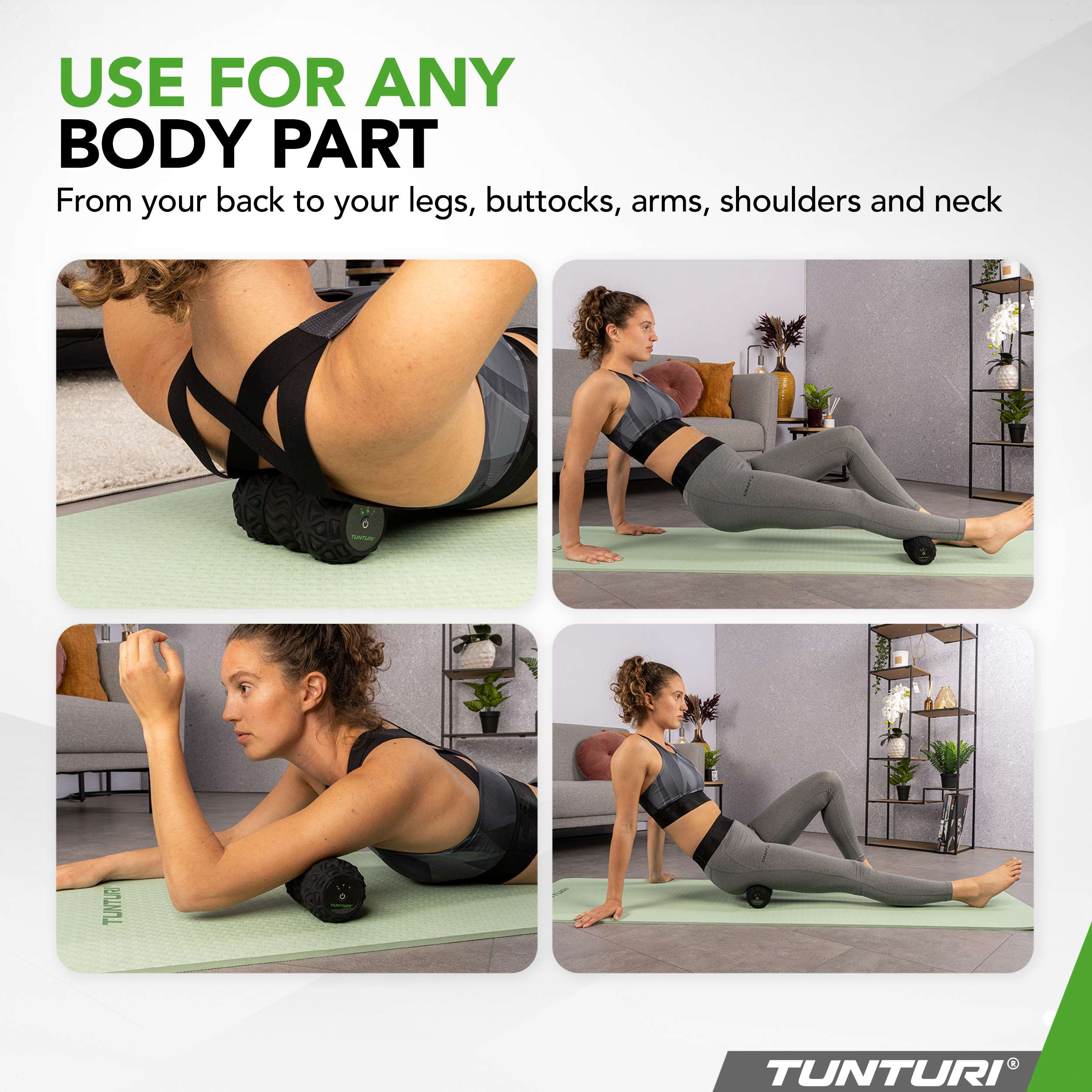 Afbeelding toont mensen die een zwarte foamroller gebruiken op verschillende lichaamsdelen. Tekst zegt 'Gebruik voor elk lichaamsdeel'.