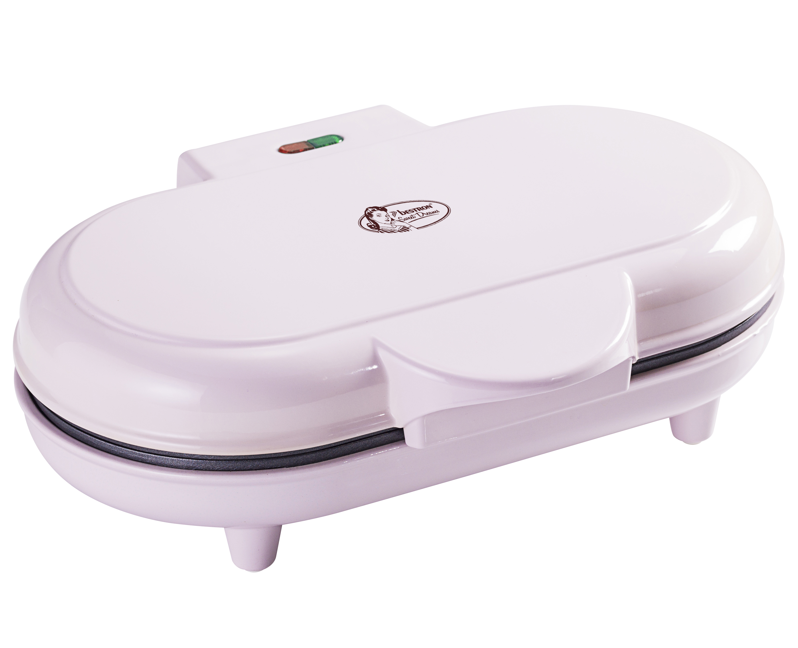 Różowa gofrownica z logo na białym tle. Posiada wskaźnik zasilania.