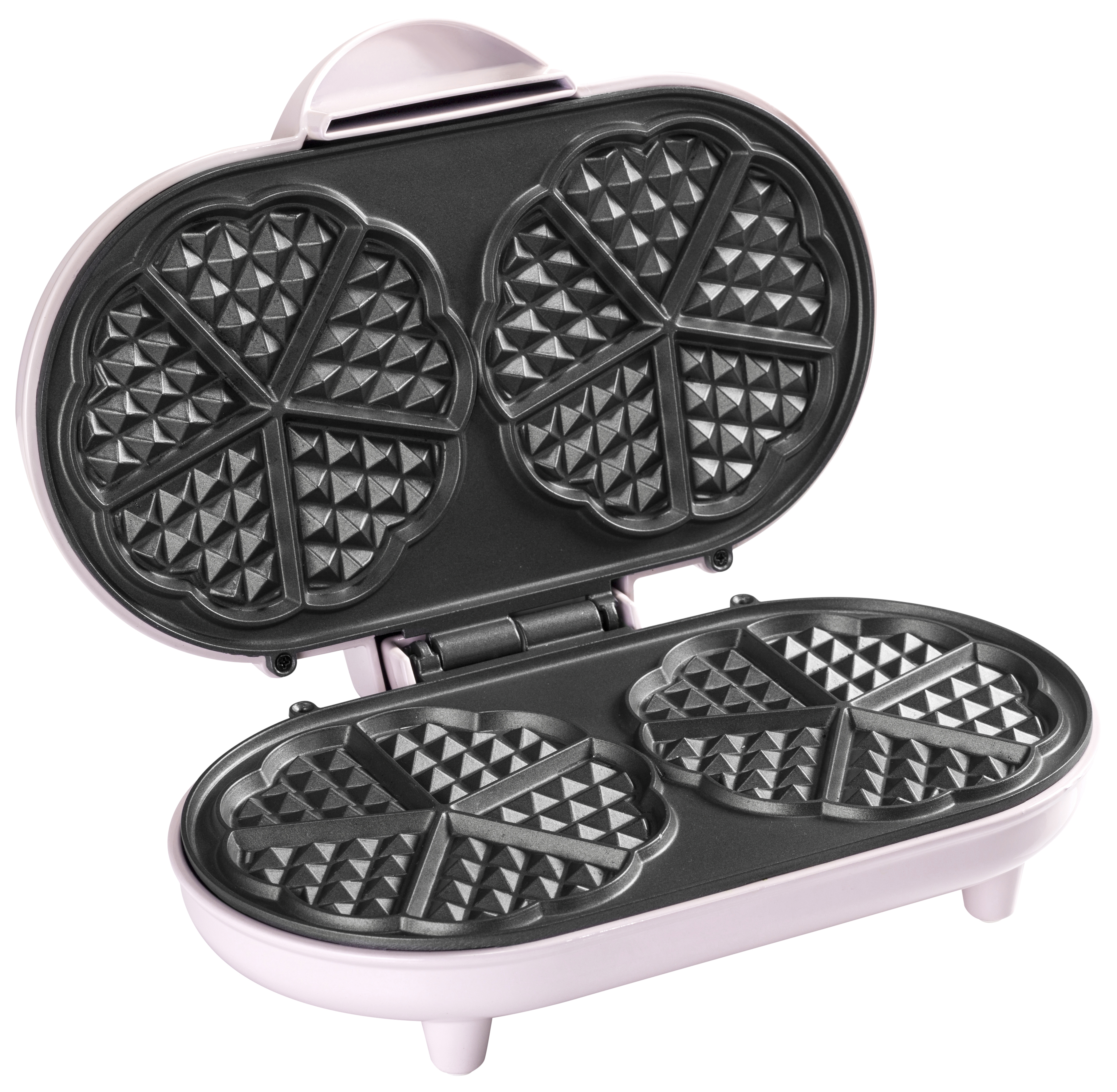 Różowa gofrownica, otwarta. Widoczne płyty do gotowania w kształcie serca. Urządzenie na białym tle.