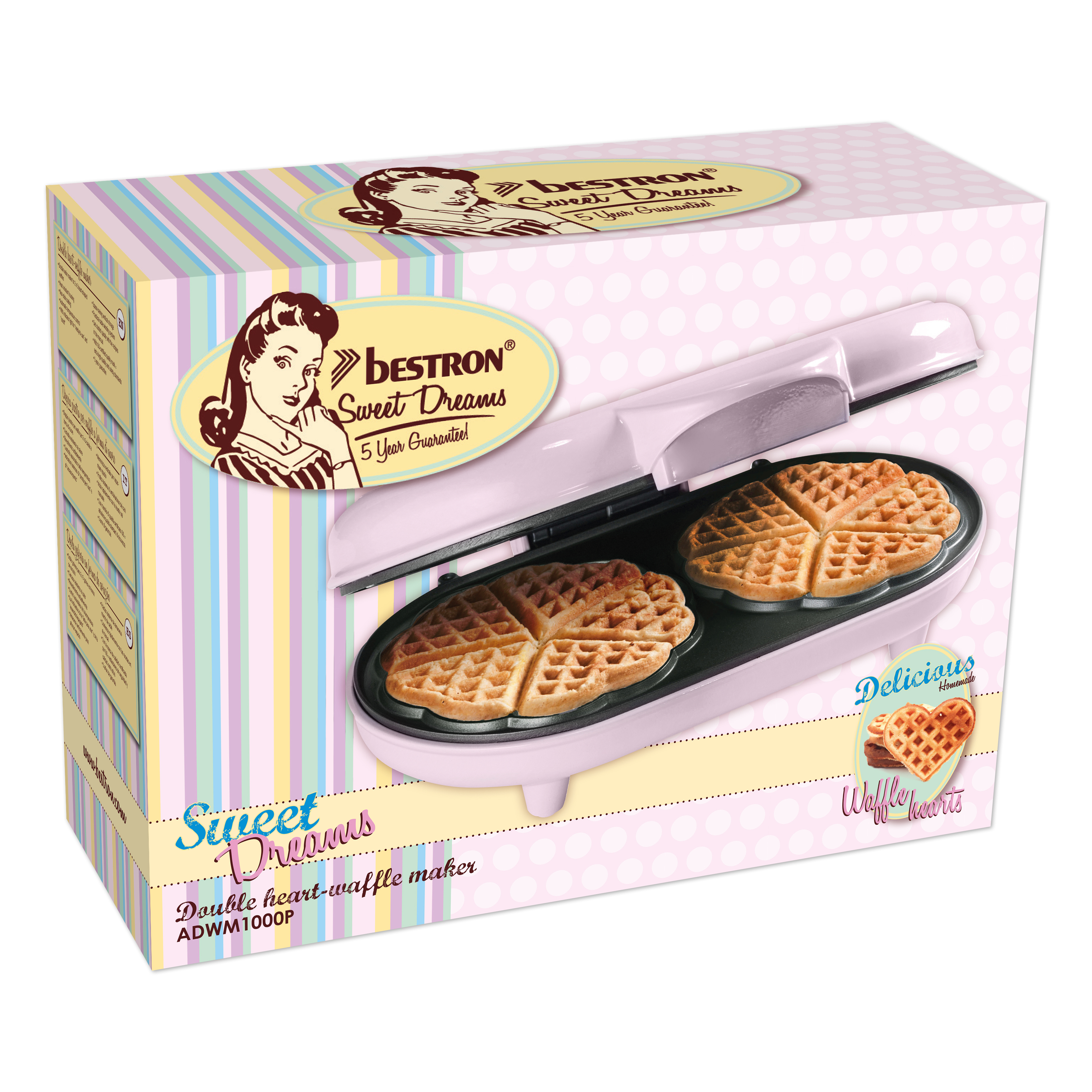 Pudełko gofrownicy. Różowe i białe z goframi w środku. Tekst mówi 'Sweet Dreams' i 'Delicious Homemade Waffle hearts'.