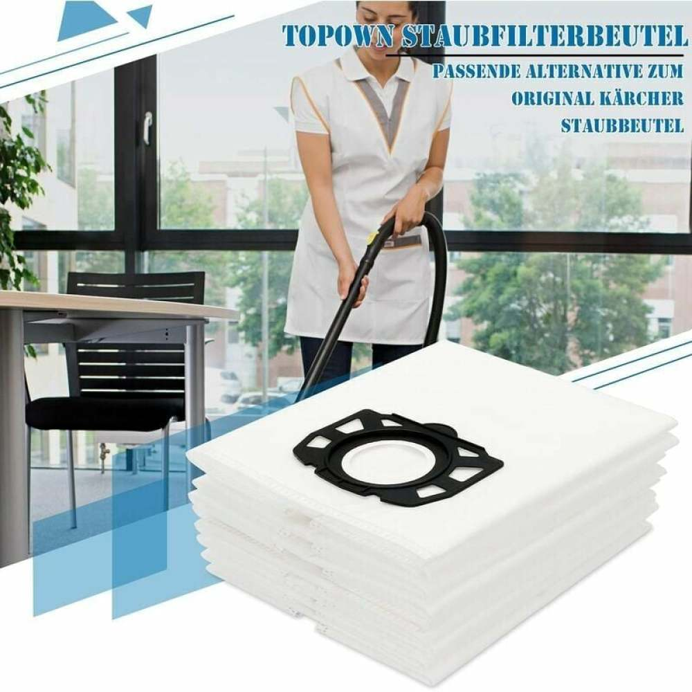 Eine Frau im weißen Kittel saugt Staub. Im Vordergrund ein Stapel weißer Staubsaugerbeutel mit schwarzem Kunststoffteil.