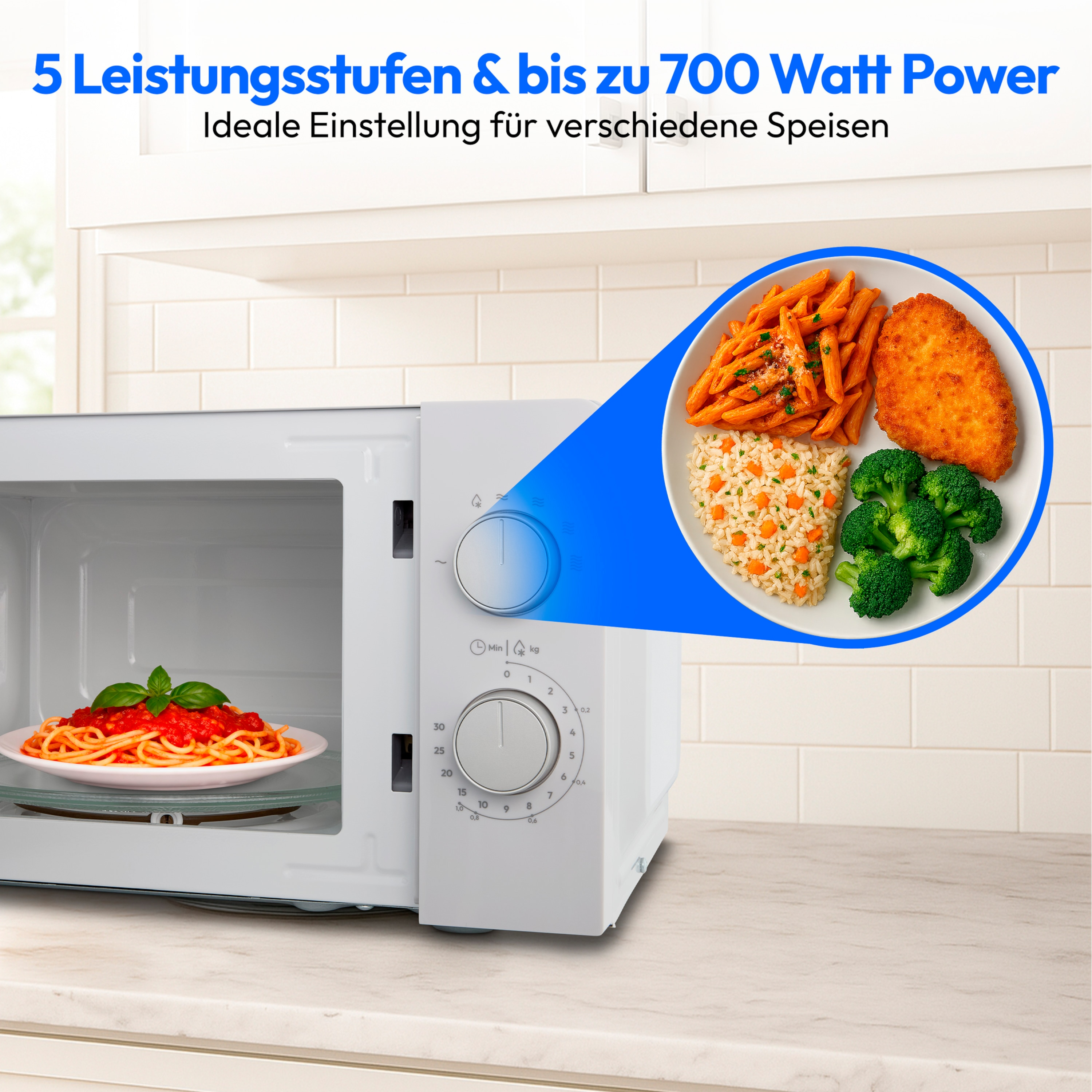 Ein Mikrowellenherd mit Essen im Inneren und auf einem Teller. Text zeigt Leistungsstufen und Einstellungen.