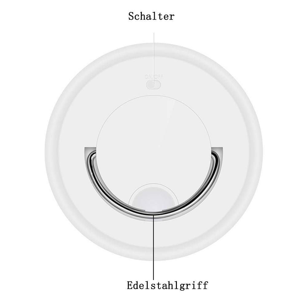Ein weißes rundes Gerät mit einem silbernen Ringgriff und einem Ein/Aus-Schalter. Beschriftet mit 'Schalter' und 'Edelstahlgriff'.