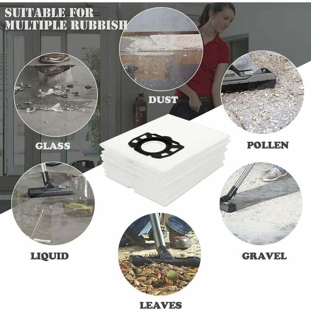 Das Bild zeigt Staubsaugerbeutel und Einsatzbereiche: Staub, Pollen, Kies, Blätter, Flüssigkeit, Glas. Im Hintergrund ist eine Frau zu sehen.