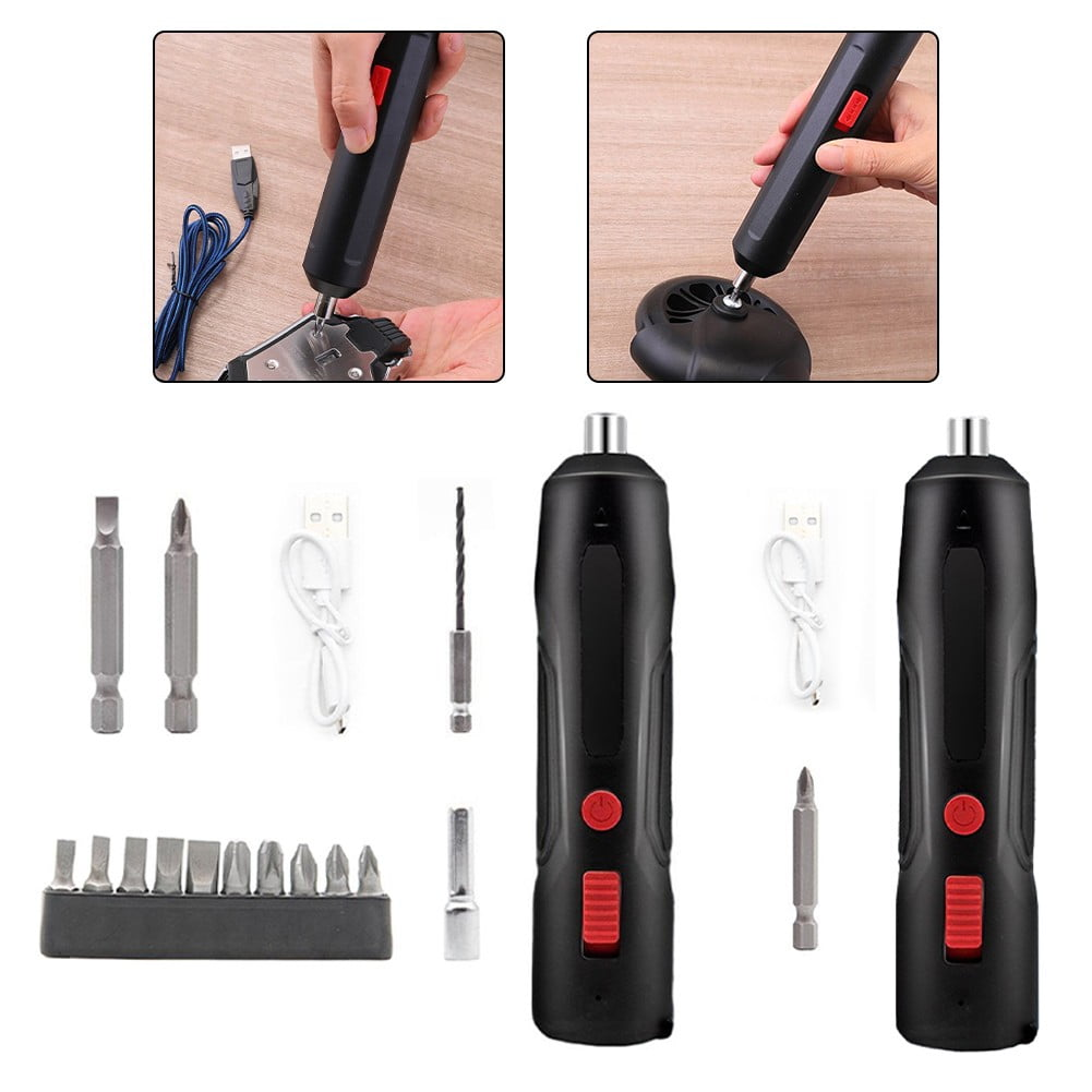 Ein elektrisches Schraubendreher-Set. Enthält Schraubendreher, Bits und Ladegerät. Zwei Hände halten den Schraubendreher in verschiedenen Aktionen.