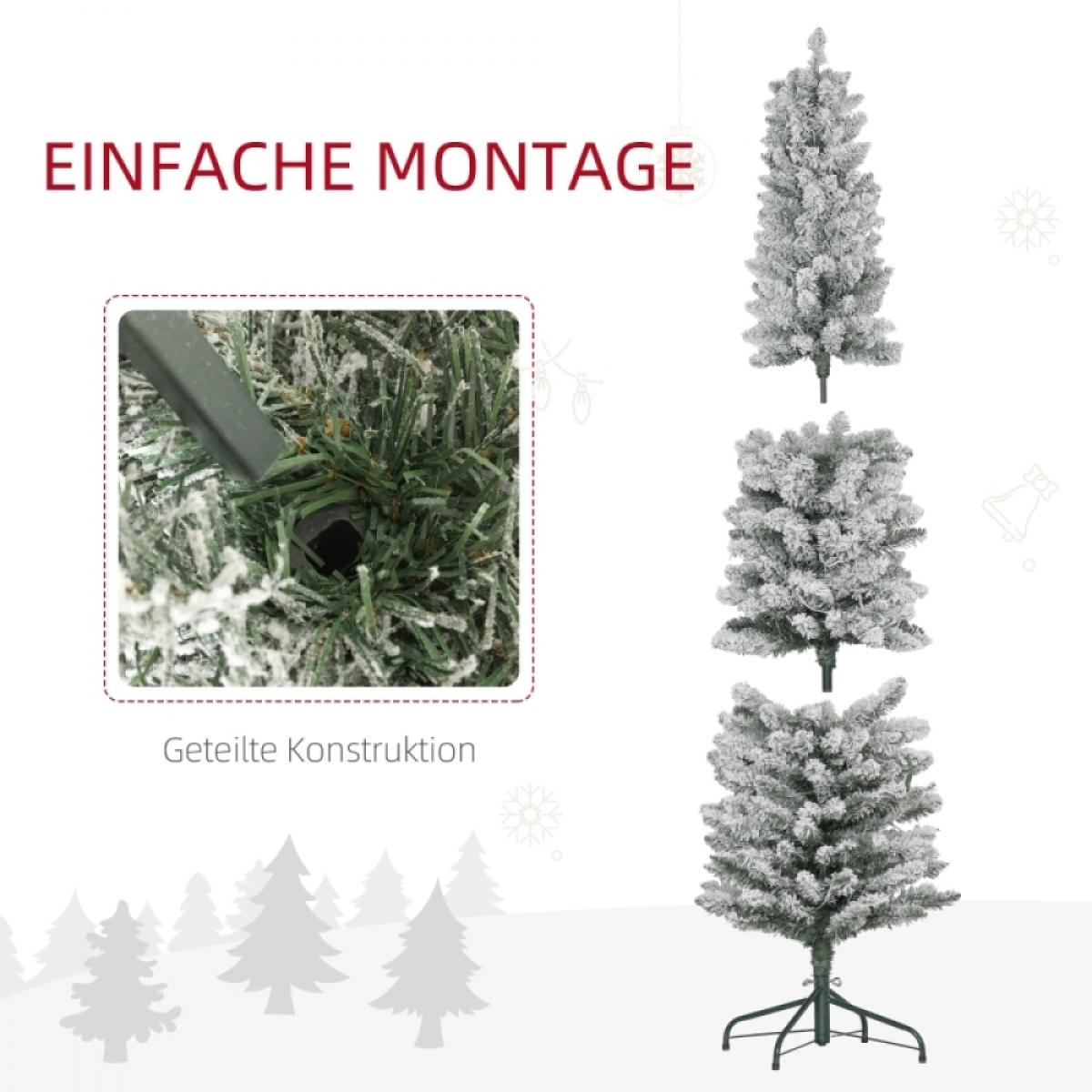 Das Bild zeigt einen Weihnachtsbaum mit deutschem Text. Der Baum ist weiß beflockt, und es gibt eine Nahaufnahme der Basis.