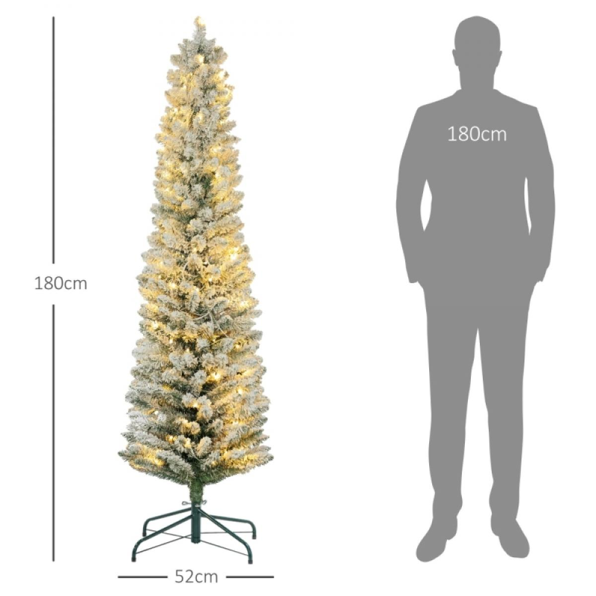 Ein 180 cm hoher künstlicher Weihnachtsbaum mit Lichtern wird neben einer Silhouette einer Person, ebenfalls 180 cm groß, dargestellt.