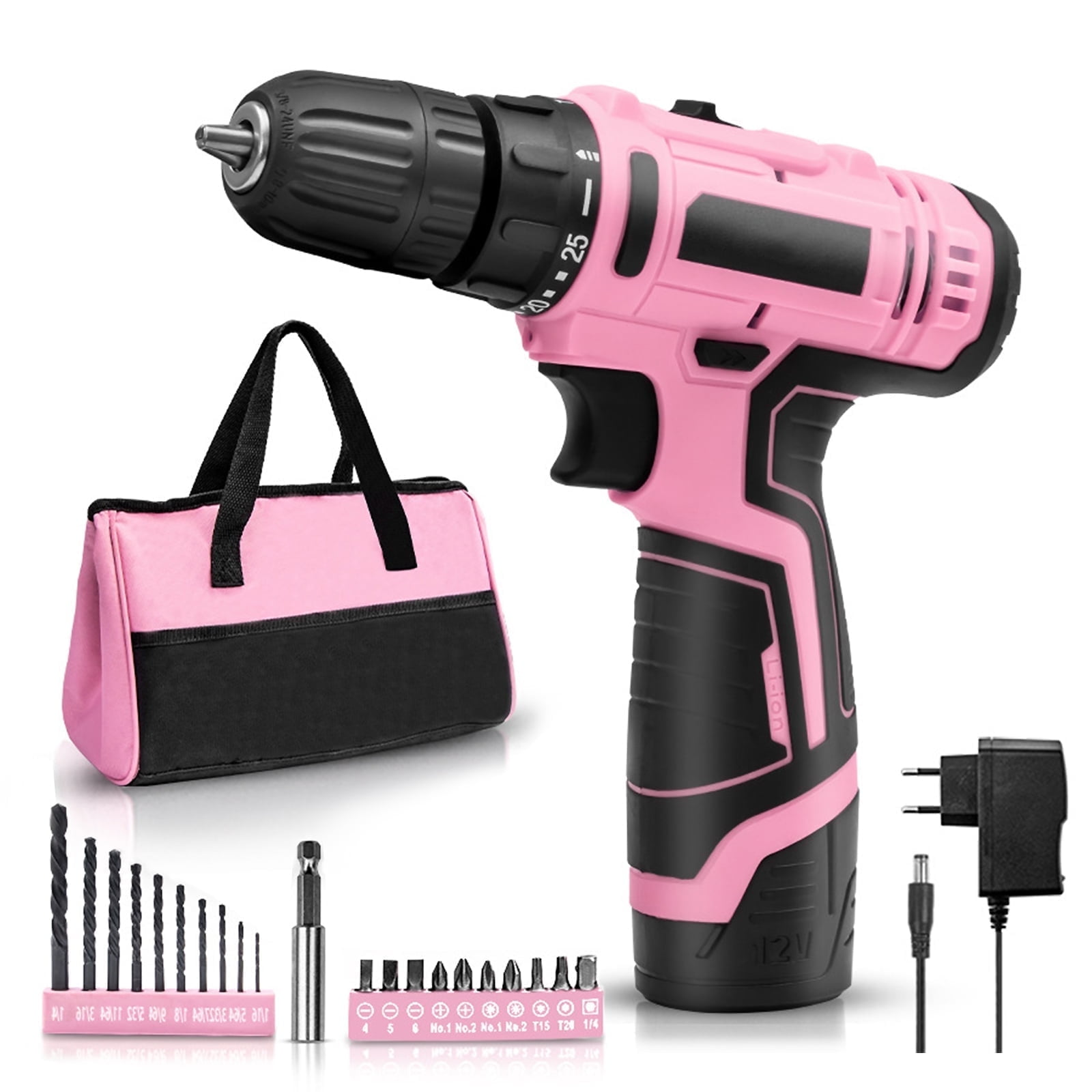 Rosa Akkuschrauber mit schwarzen Akzenten, Zubehör und einer rosa-schwarzen Tasche. Enthält auch ein Ladegerät und Bohrer.