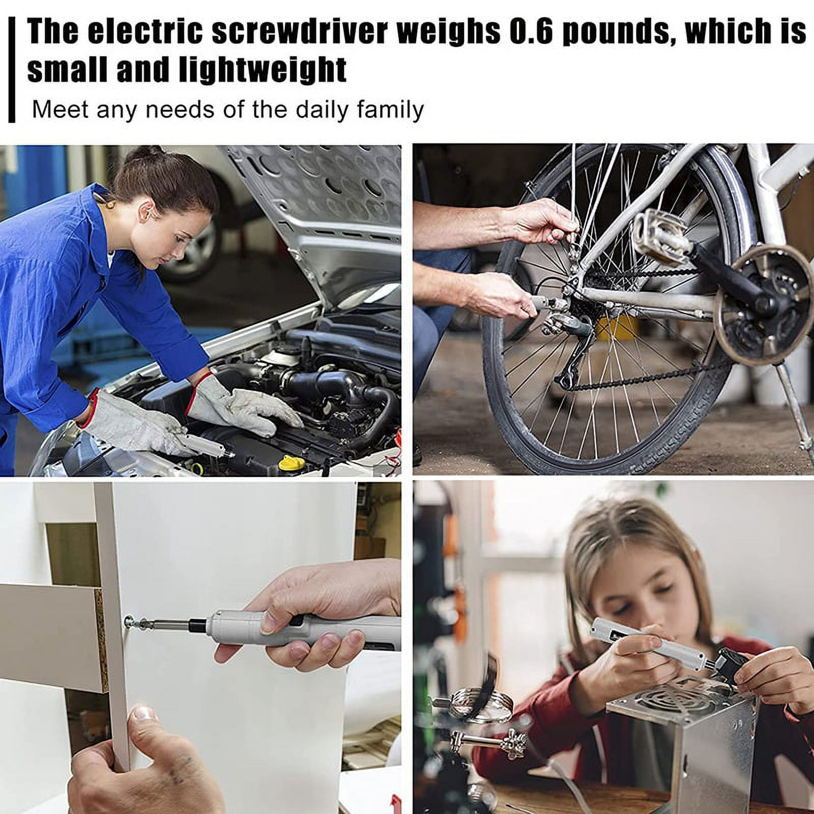 Das Bild zeigt eine Frau, die an einem Auto arbeitet, einen Mann, der an einem Fahrrad arbeitet, und Personen, die einen Schraubendreher benutzen.