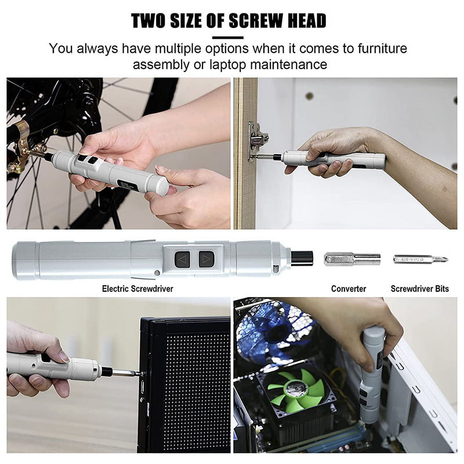 Das Bild zeigt einen elektrischen Schraubendreher, der an einem Fahrrad, einer Tür, einem Computer und Teilen verwendet wird.