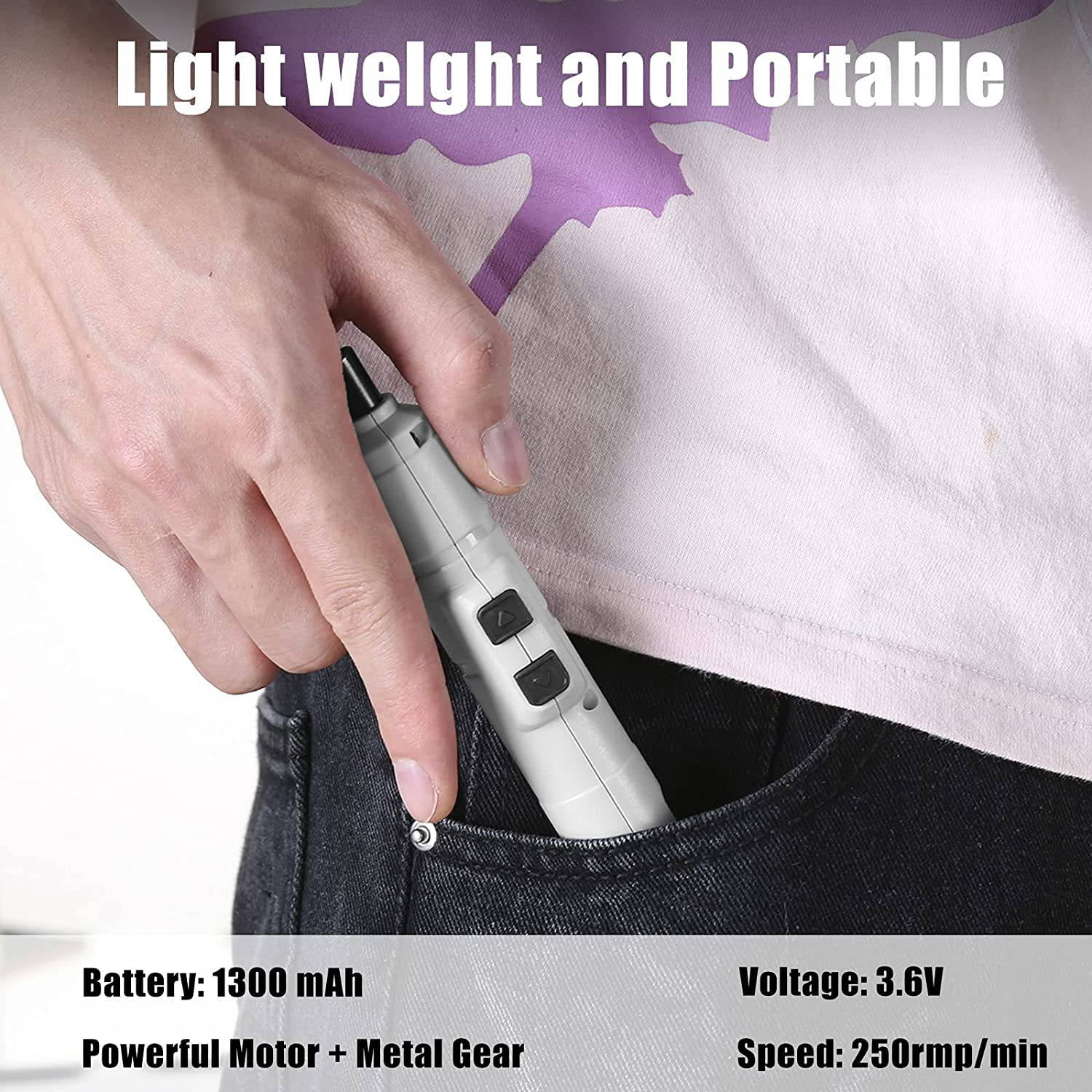 Eine Hand hält einen weißen und grauen Schraubendreher in einer Tasche. Text lautet: Leicht und tragbar, Batterie: 1300 mAh, Spannung: 3,6 V, Geschwindigkeit: 250 U/min.