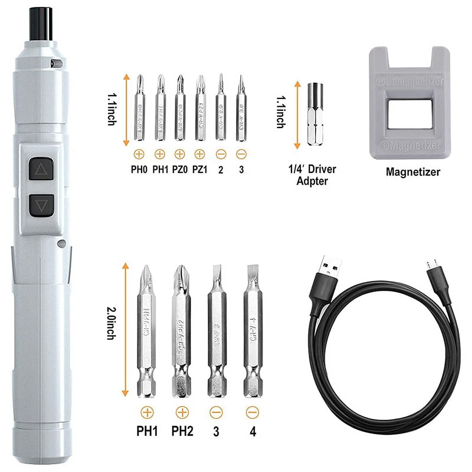 Ein weißes elektrisches Schraubendreher-Set mit Bits, einem USB-Kabel und einem Magnetisierer. Verschiedene Größen und Arten von Bits werden angezeigt.