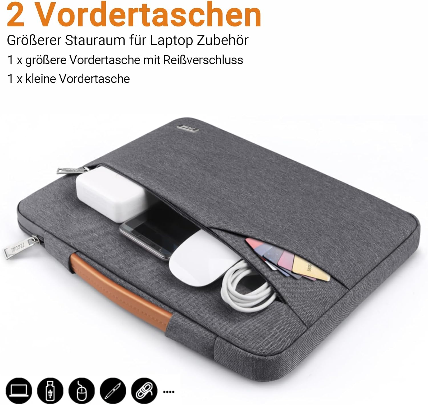 Graue Laptoptasche mit zwei Taschen, die ein Ladegerät, Telefon, Maus, Karten und Kabel enthalten. Brauner Griff und Reißverschluss.