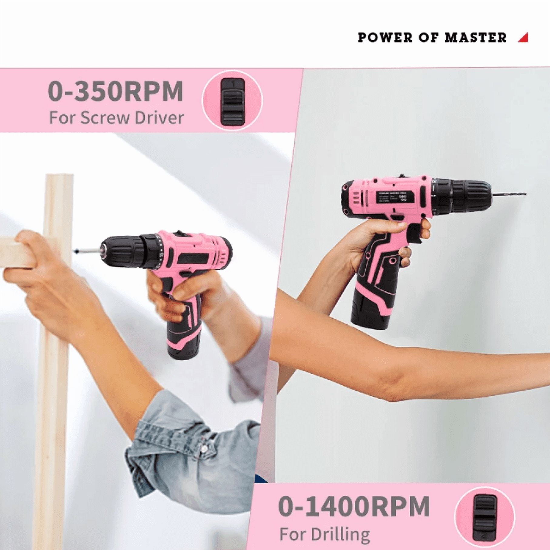 Das Bild zeigt einen rosa-schwarzen Bohrer, mit dem in Holz geschraubt und in eine weiße Wand gebohrt wird.
