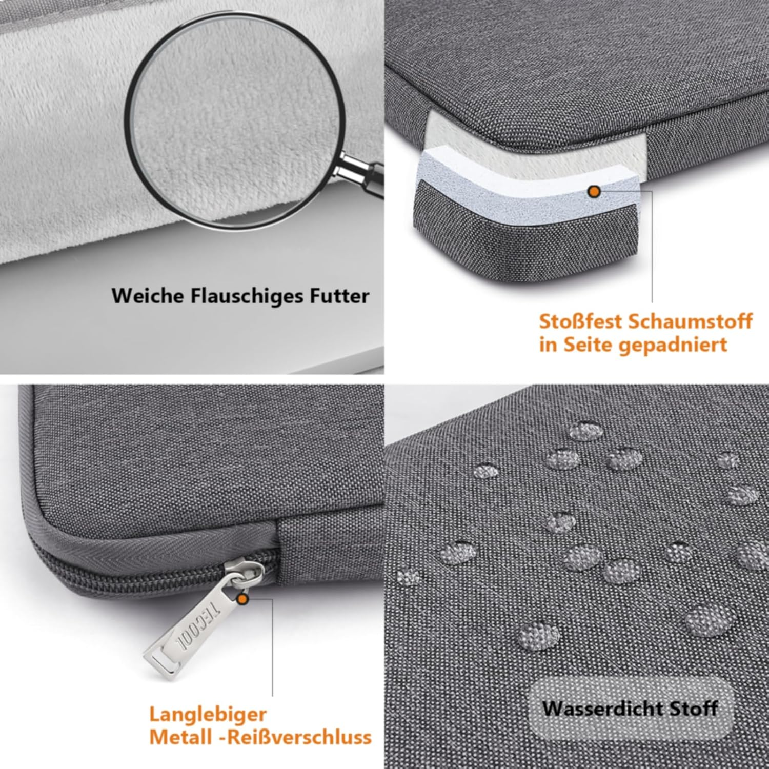 Das Bild zeigt Details einer grauen Laptoptasche. Sie verfügt über weiches Futter, stoßabsorbierenden Schaumstoff, einen Metallreißverschluss und wasserdichtes Gewebe.